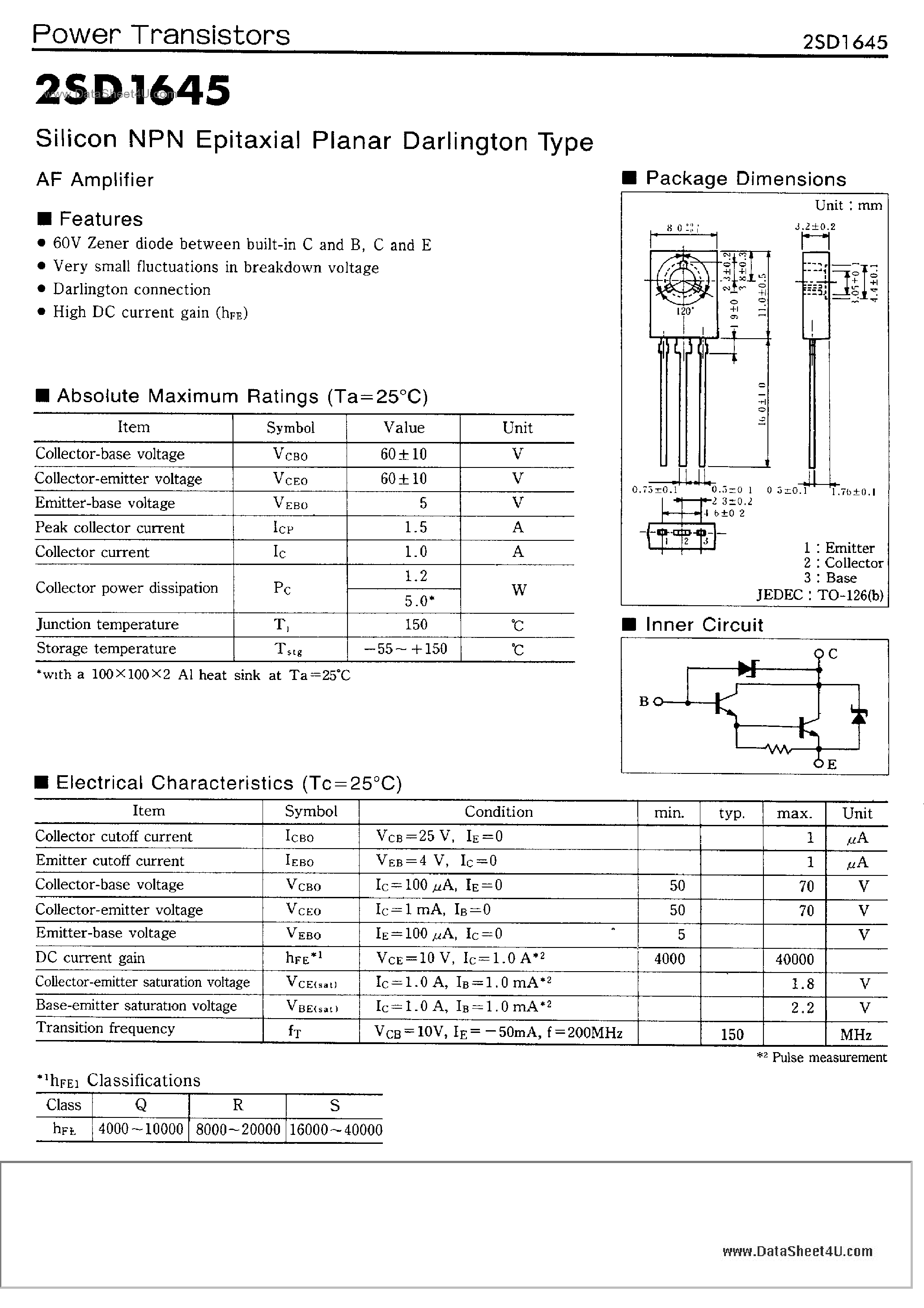 Datasheet 2SD1645 - SILICON NPN EPITAXIAL PLANAR DARLINGTON TYPE AF AMPLIFIER page 1