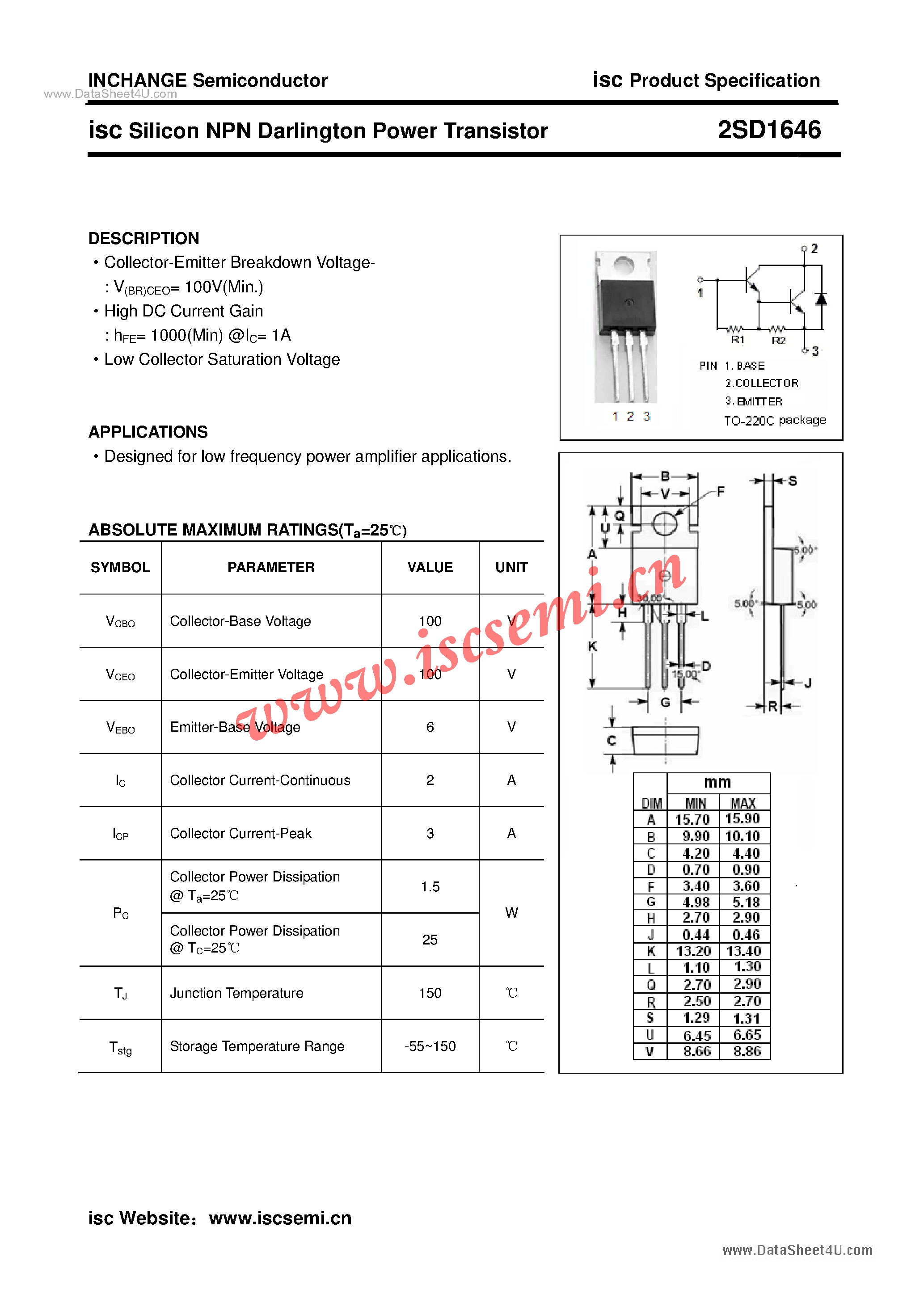Datasheet 2SD1646 page 1 Datasheet 2SD1646 - Power Transistor page 1