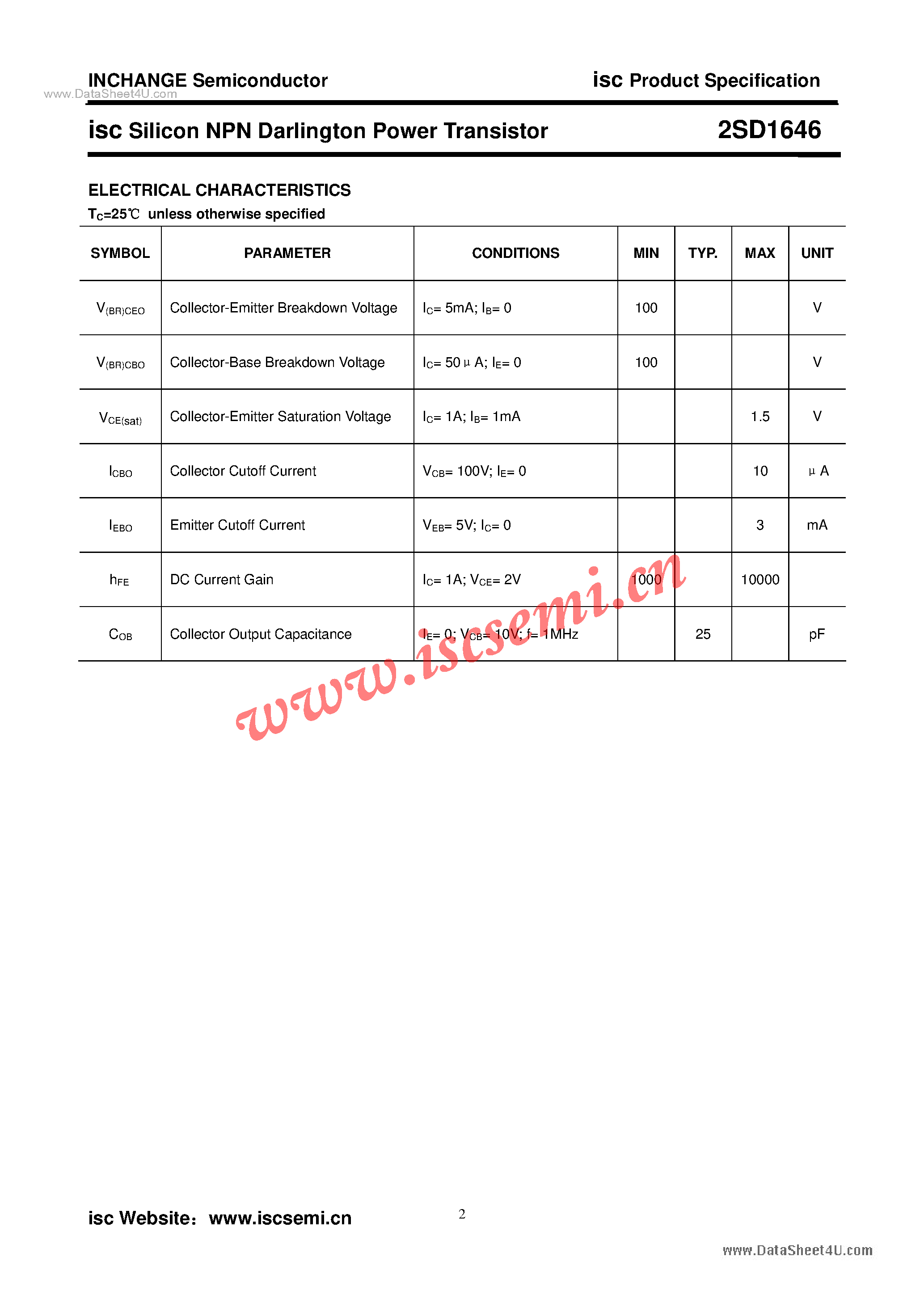 Datasheet 2SD1646 page 2 Datasheet 2SD1646 - Power Transistor page 2