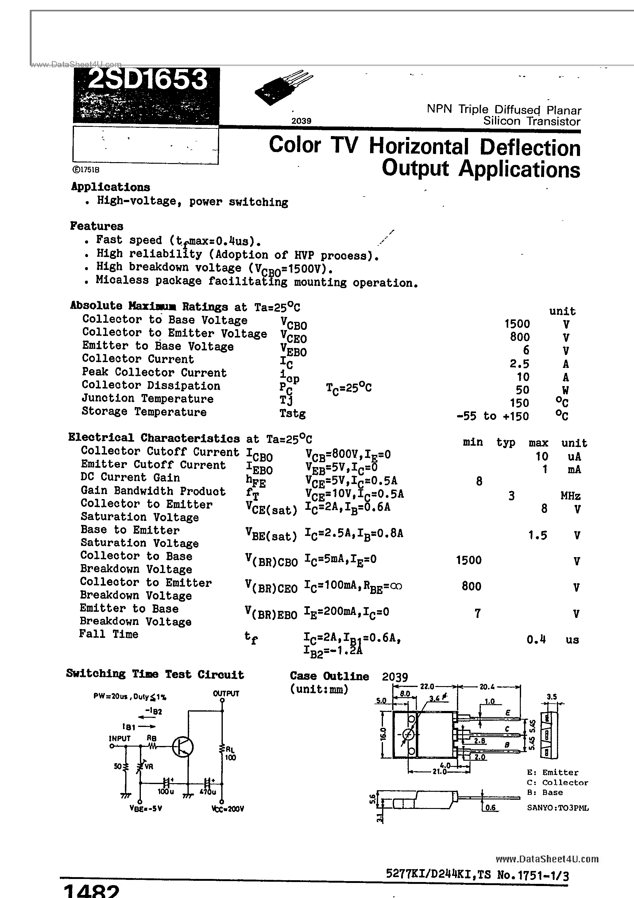 Datasheet 2SD1653 - COLOR TV HORIZONTAL DEFLECTION OUTPUT APPLICATIONS page 1