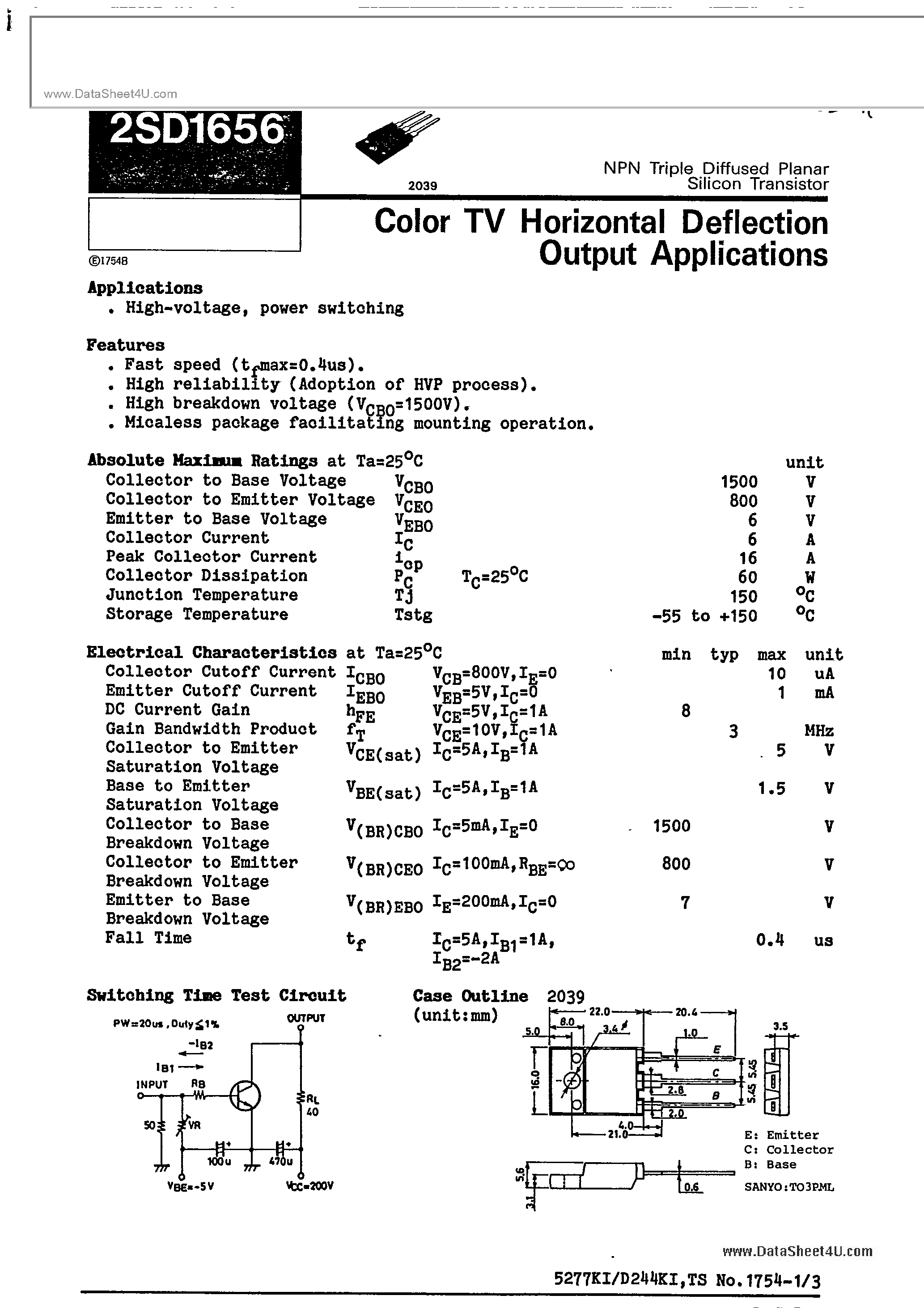 Datasheet 2SD1656 - COLOR TV HORIZONTAL DEFLECTION OUTPUT APPLICATIONS page 1