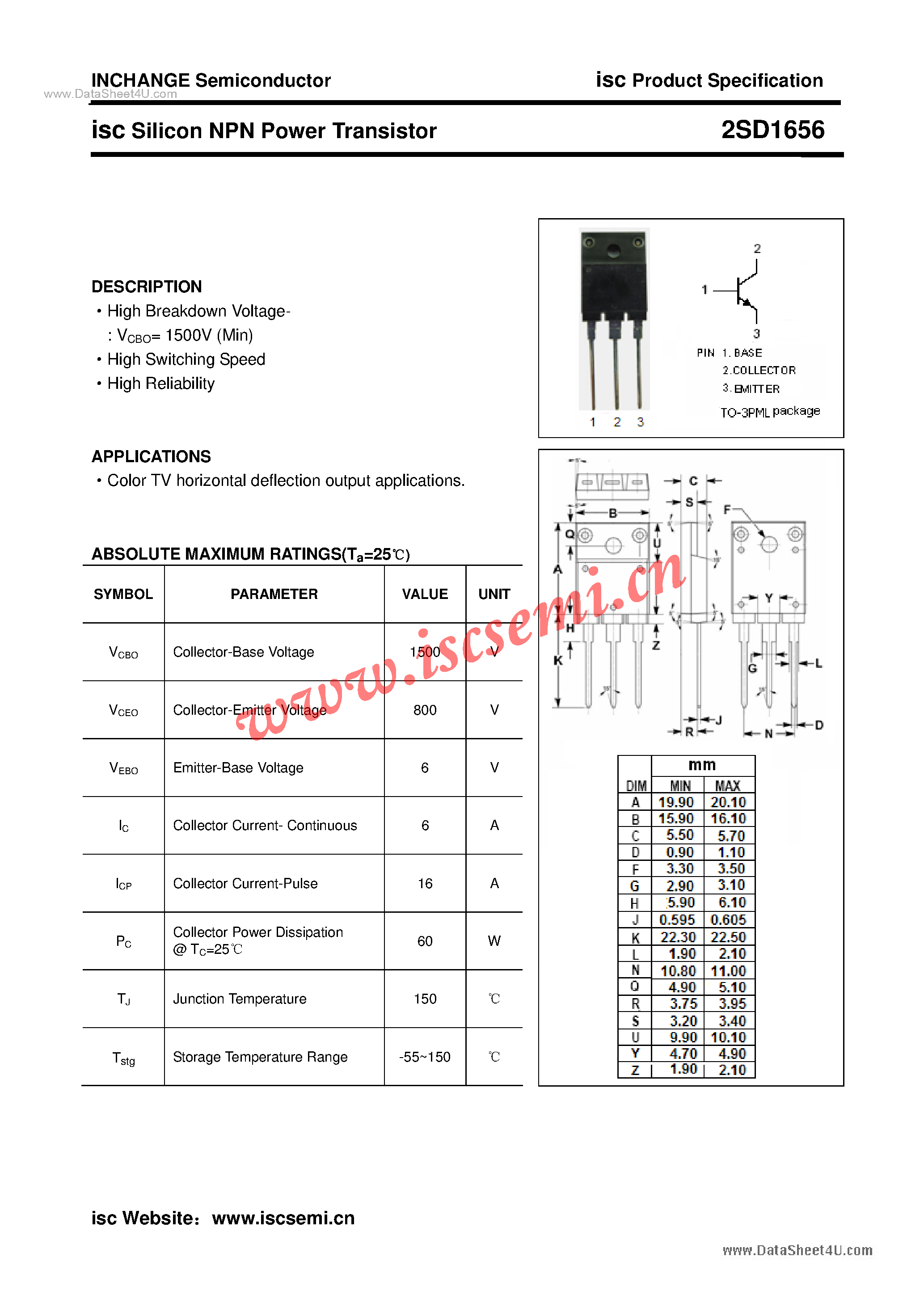 Datasheet 2SD1656 - Power Transistor page 1