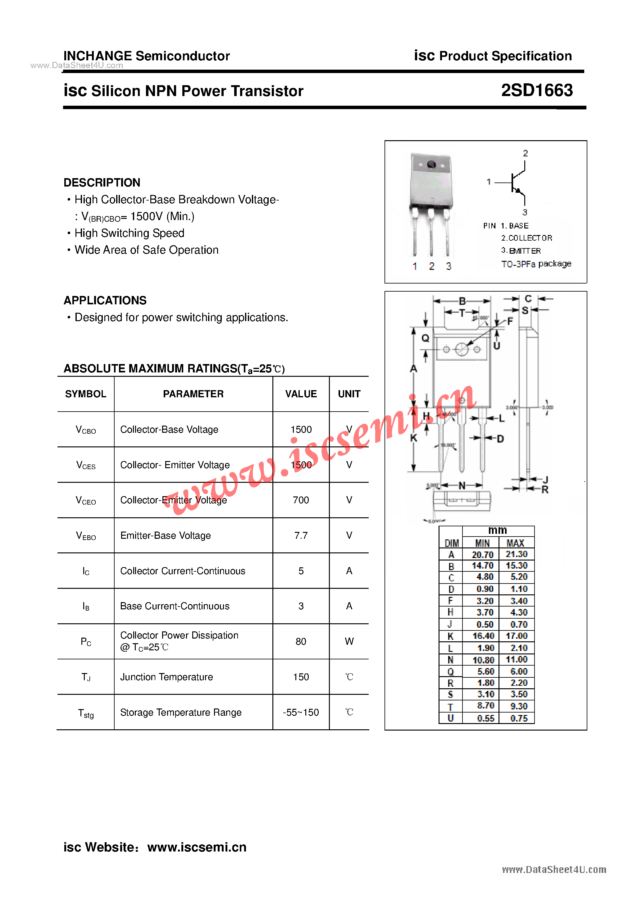 Datasheet 2SD1663 - Power Transistor page 1