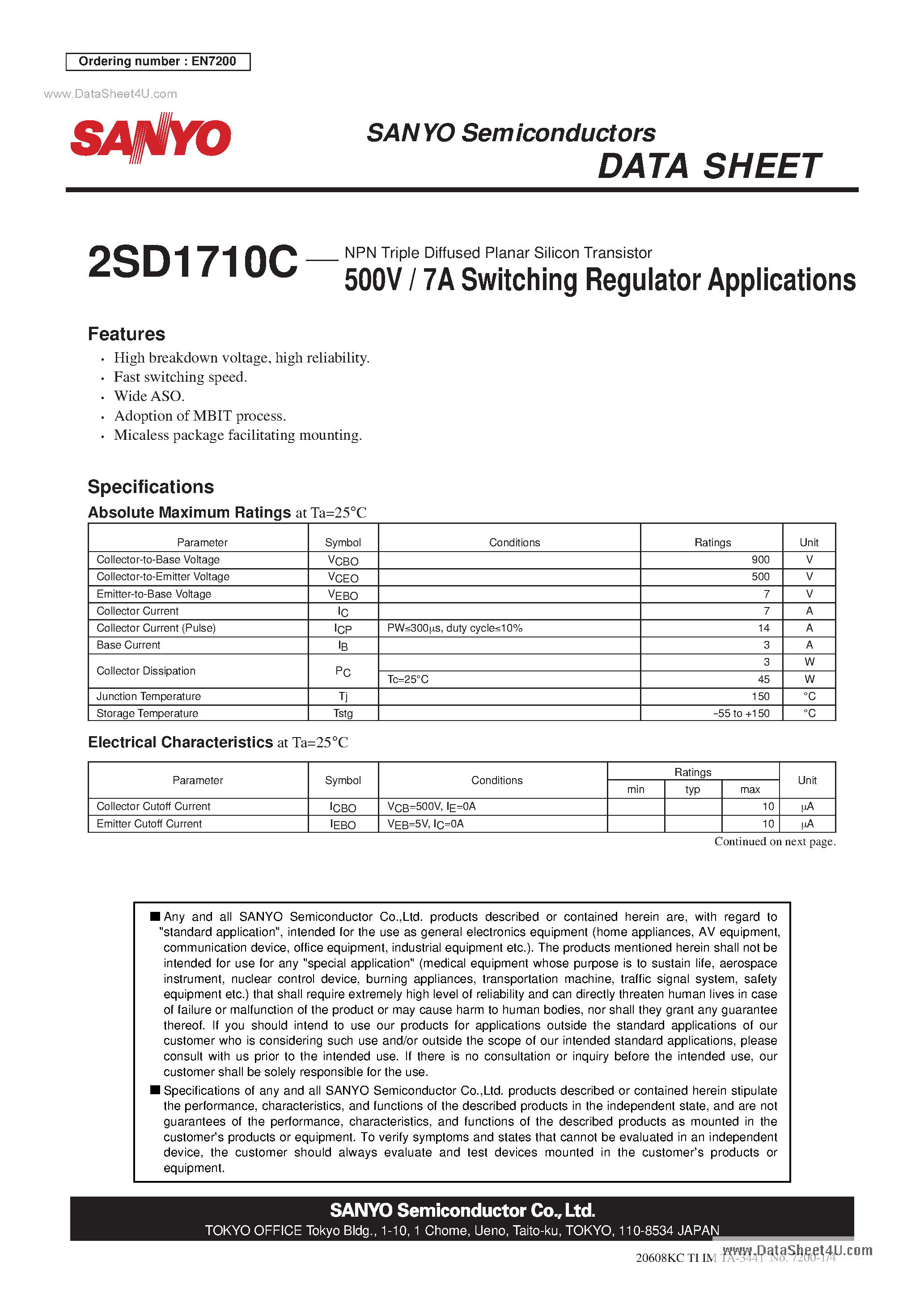 Datasheet 2SD1710C - NPN Triple Diffused Planar Silicon Transistor 500V / 7A Switching Regulator Applications page 1