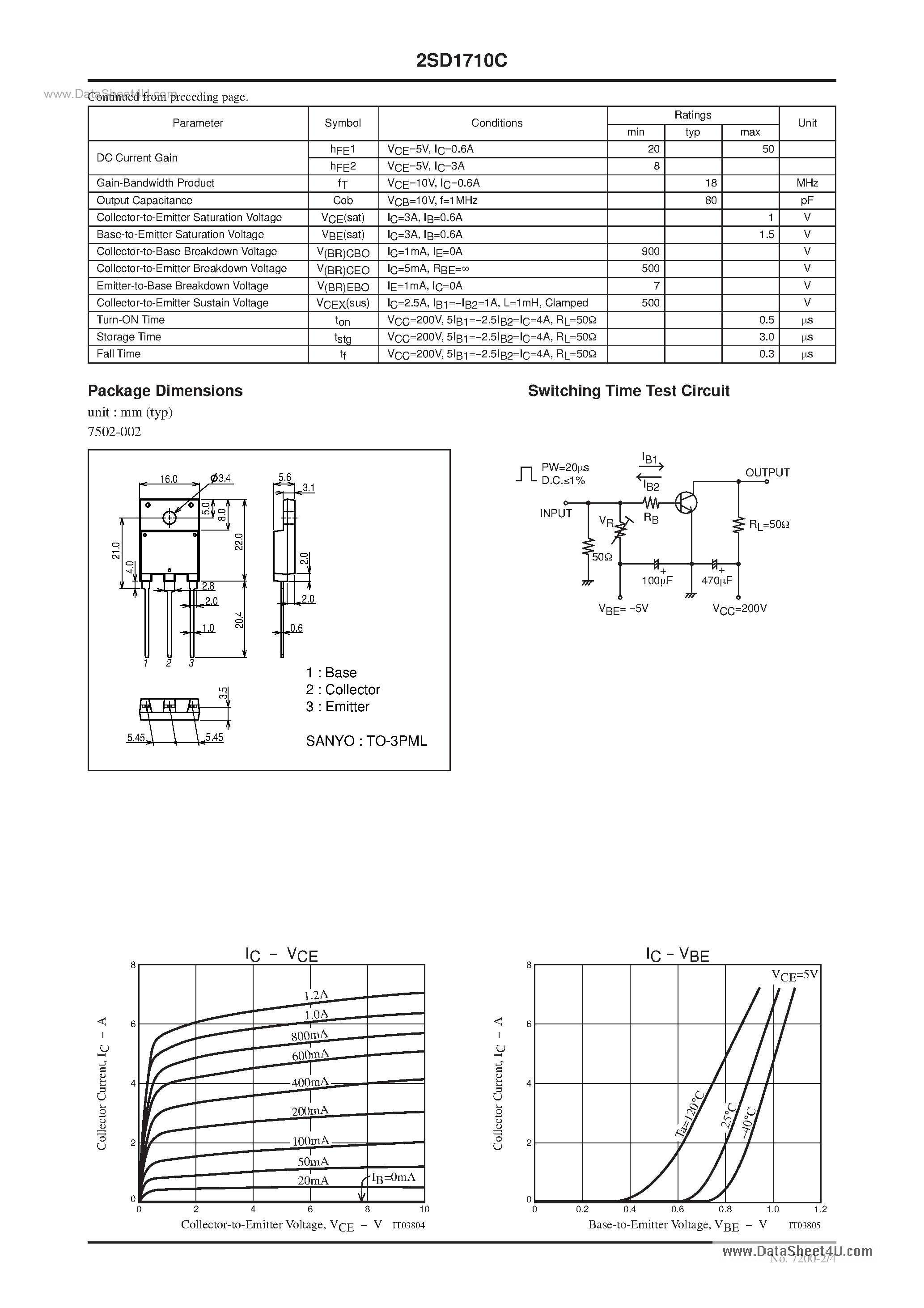 Datasheet 2SD1710C - NPN Triple Diffused Planar Silicon Transistor 500V / 7A Switching Regulator Applications page 2