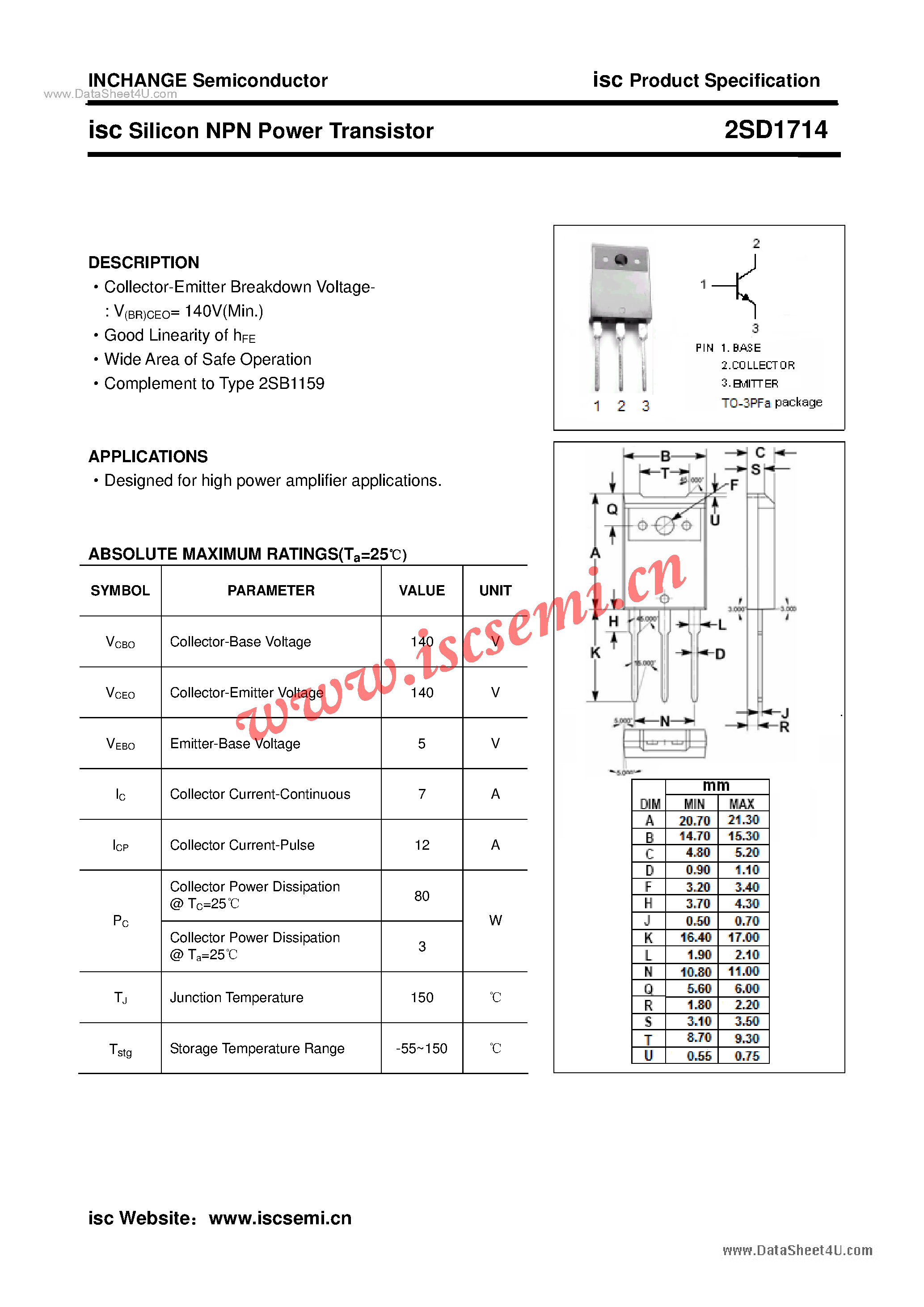 Datasheet 2SD1714 - Power Transistor page 1