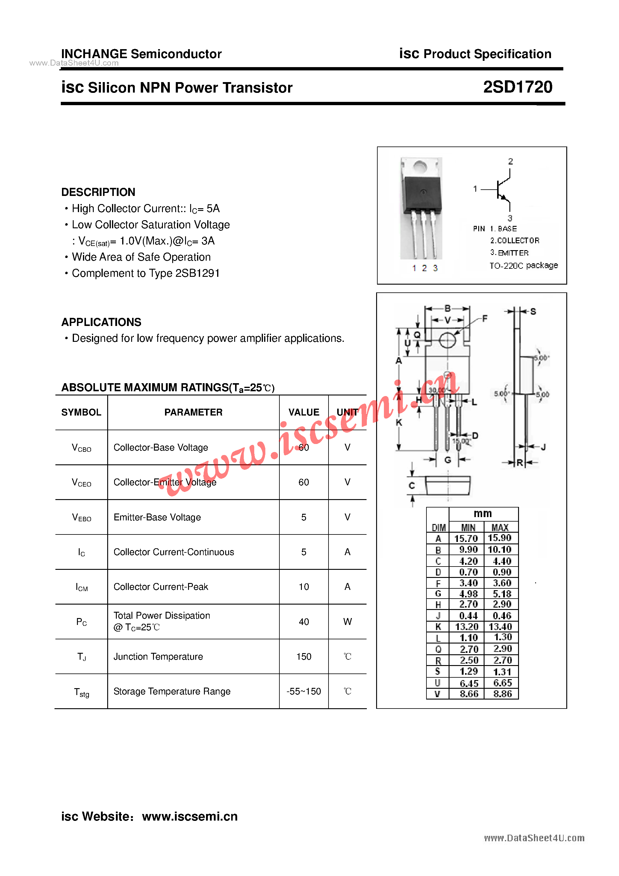 Datasheet 2SD1720 - Power Transistor page 1
