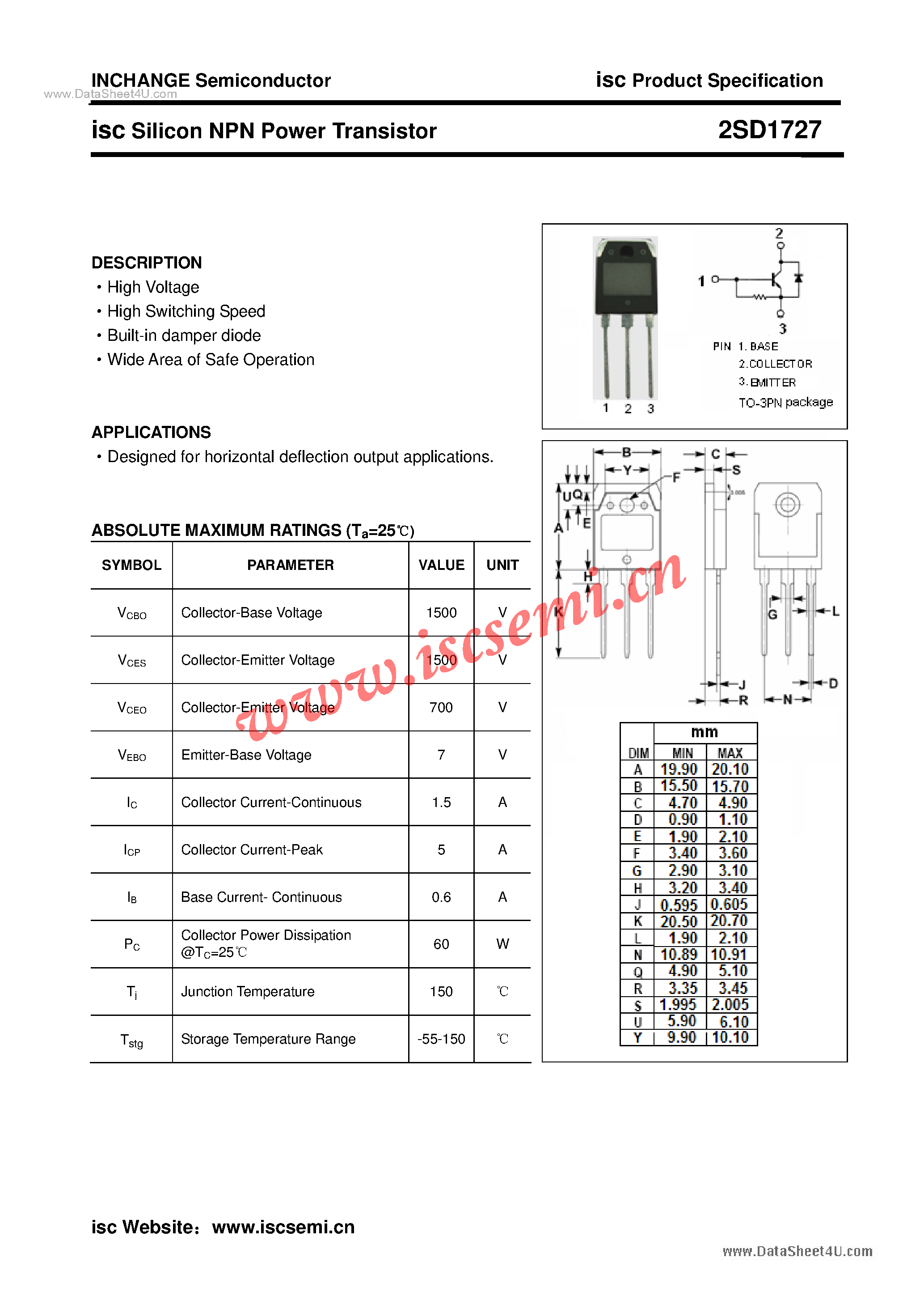 Datasheet 2SD1727 - Power Transistor page 1