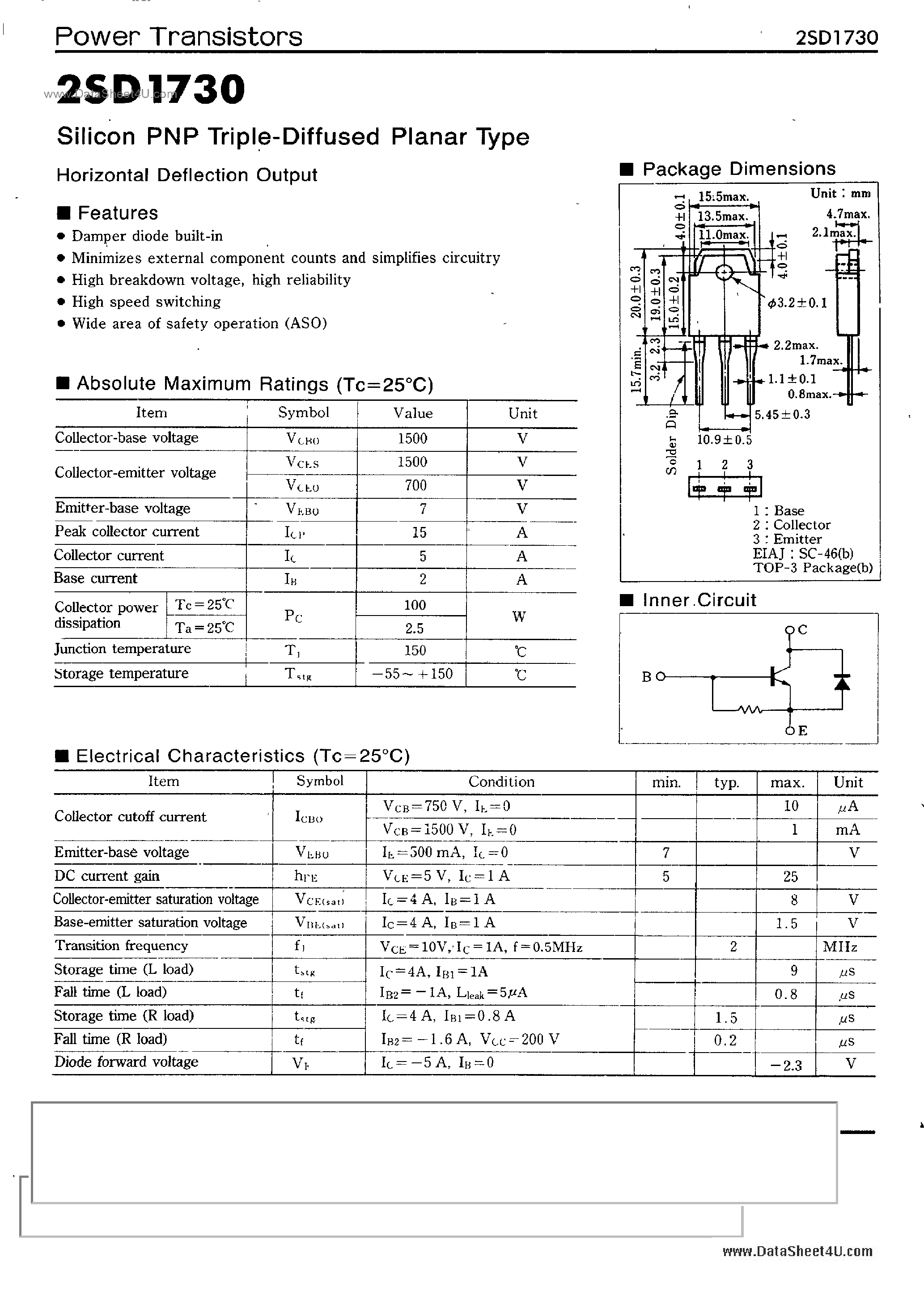 Datasheet 2SD1730 page 1 Datasheet 2SD1730 - SILICON PNP TRIPLE DIFFUSED PLANAR TYPE HORIZONTAL DEFLECTION OUTPUT page 1