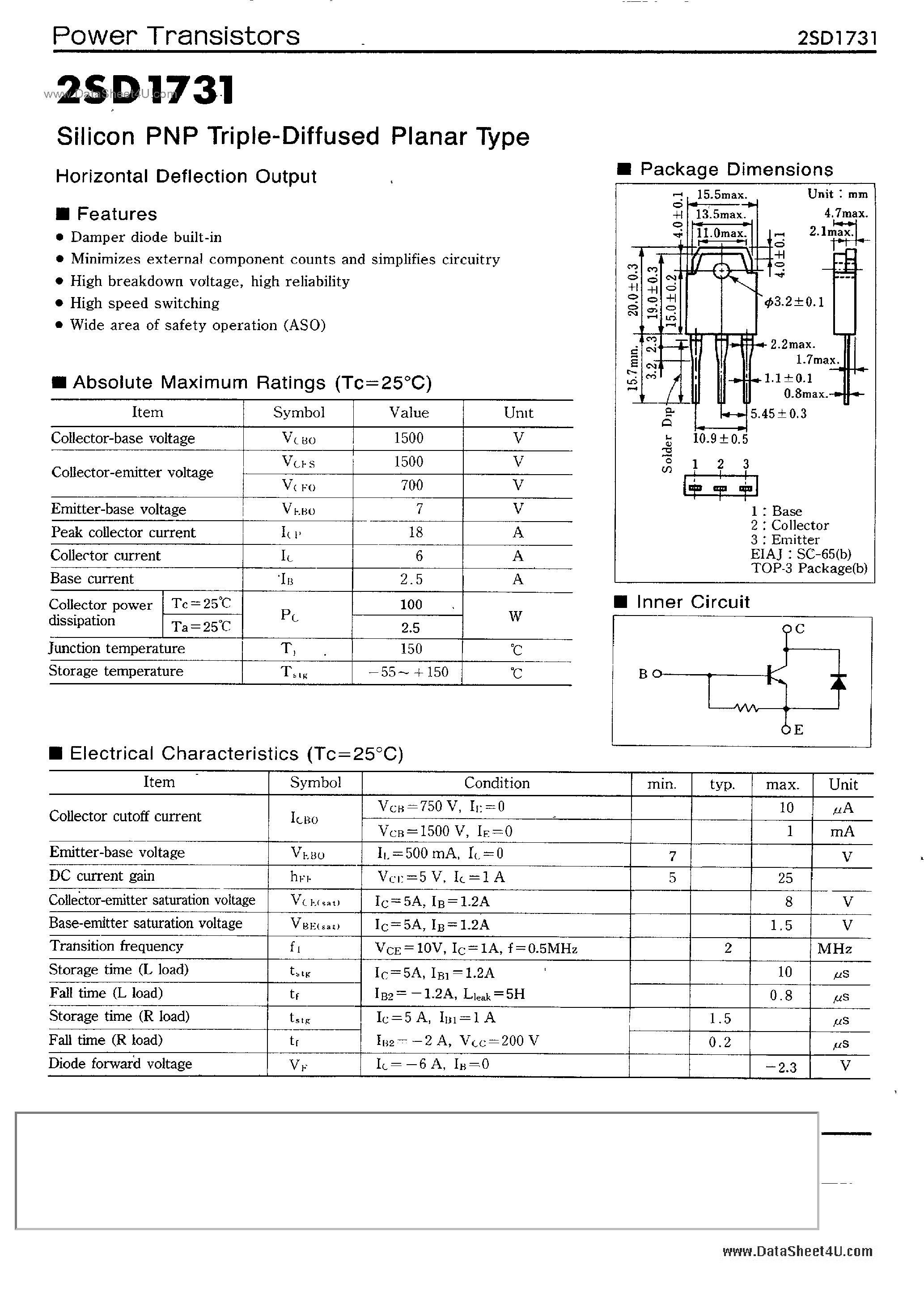 Datasheet 2SD1731 page 1 Datasheet 2SD1731 - SILICON PNP TRIPLE DIFFUSED PLANAR TYPE HORIZONTAL DEFLECTION OUTPUT page 1