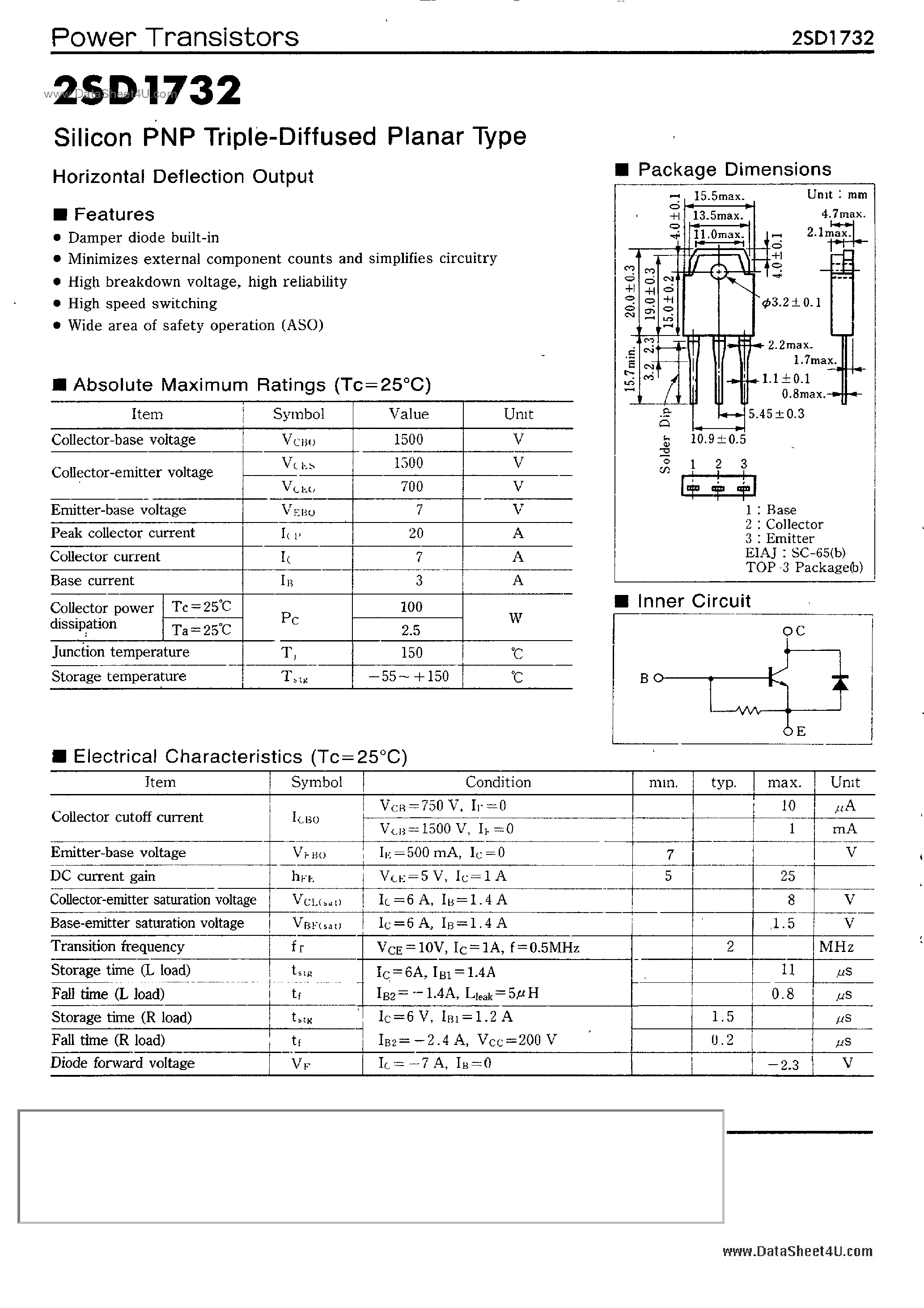 Datasheet 2SD1732 page 1 Datasheet 2SD1732 - SILICON PNP TRIPLE DIFFUSED PLANAR TYPE HORIZONTAL DEFLECTION OUTPUT page 1
