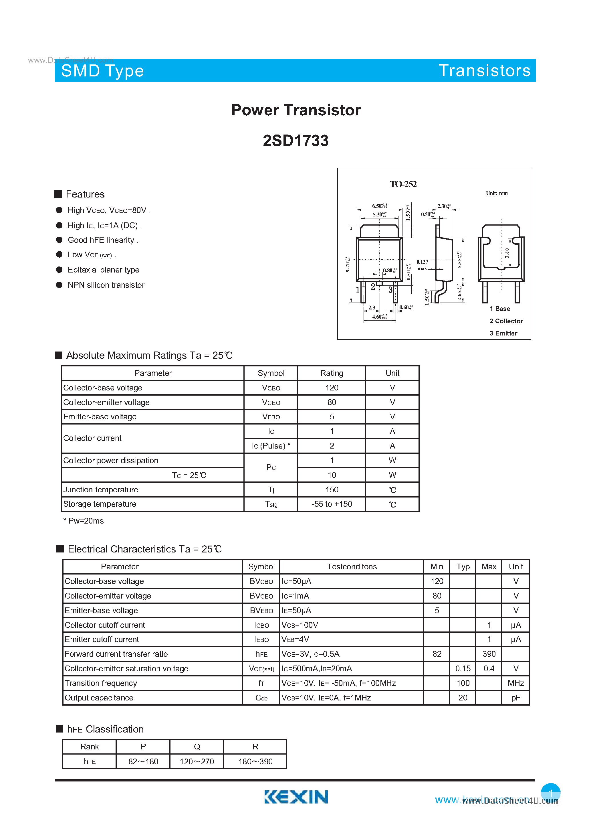 Datasheet 2SD1733 - Power Transistor page 1