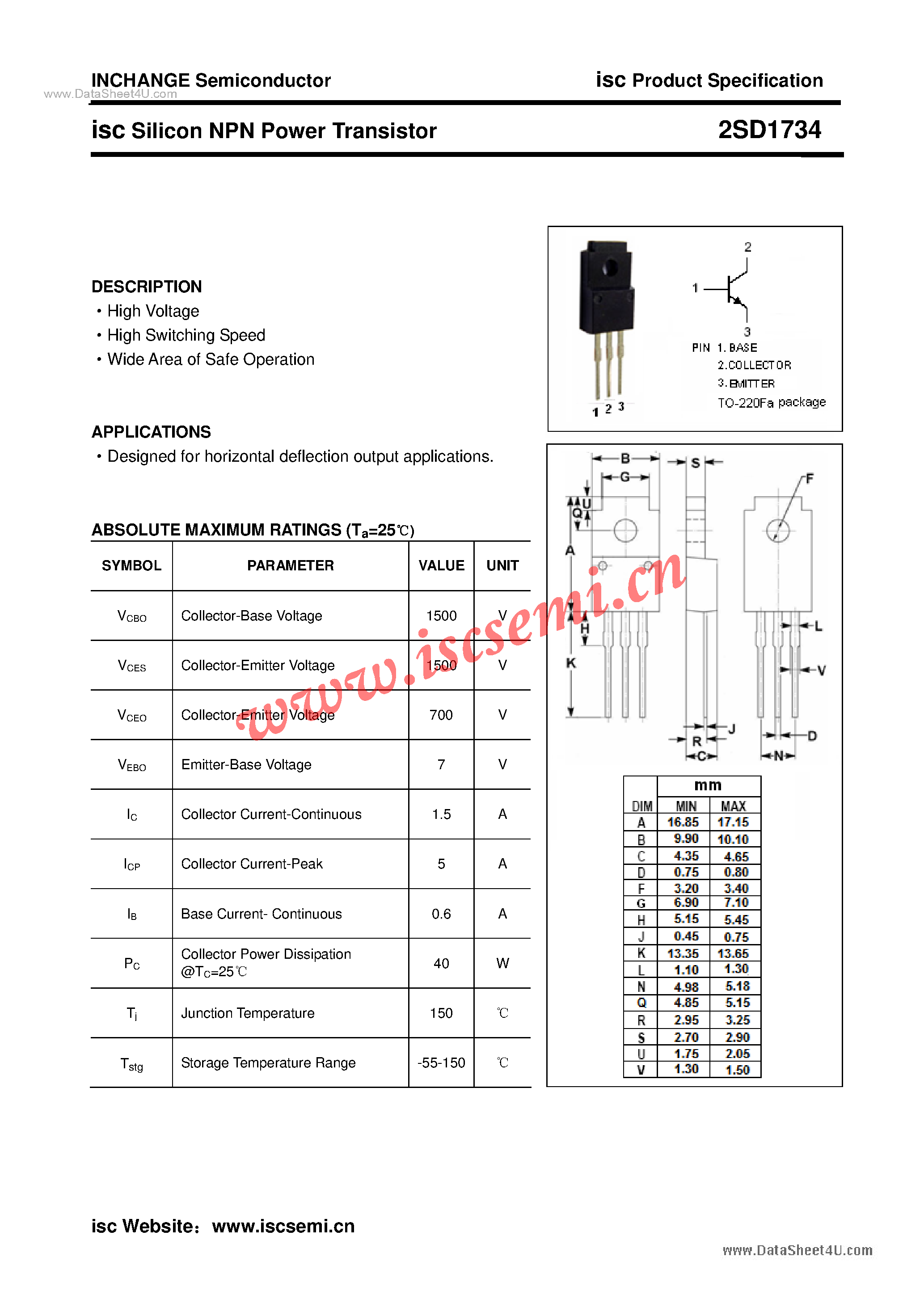Datasheet 2SD1734 - Power Transistor page 1