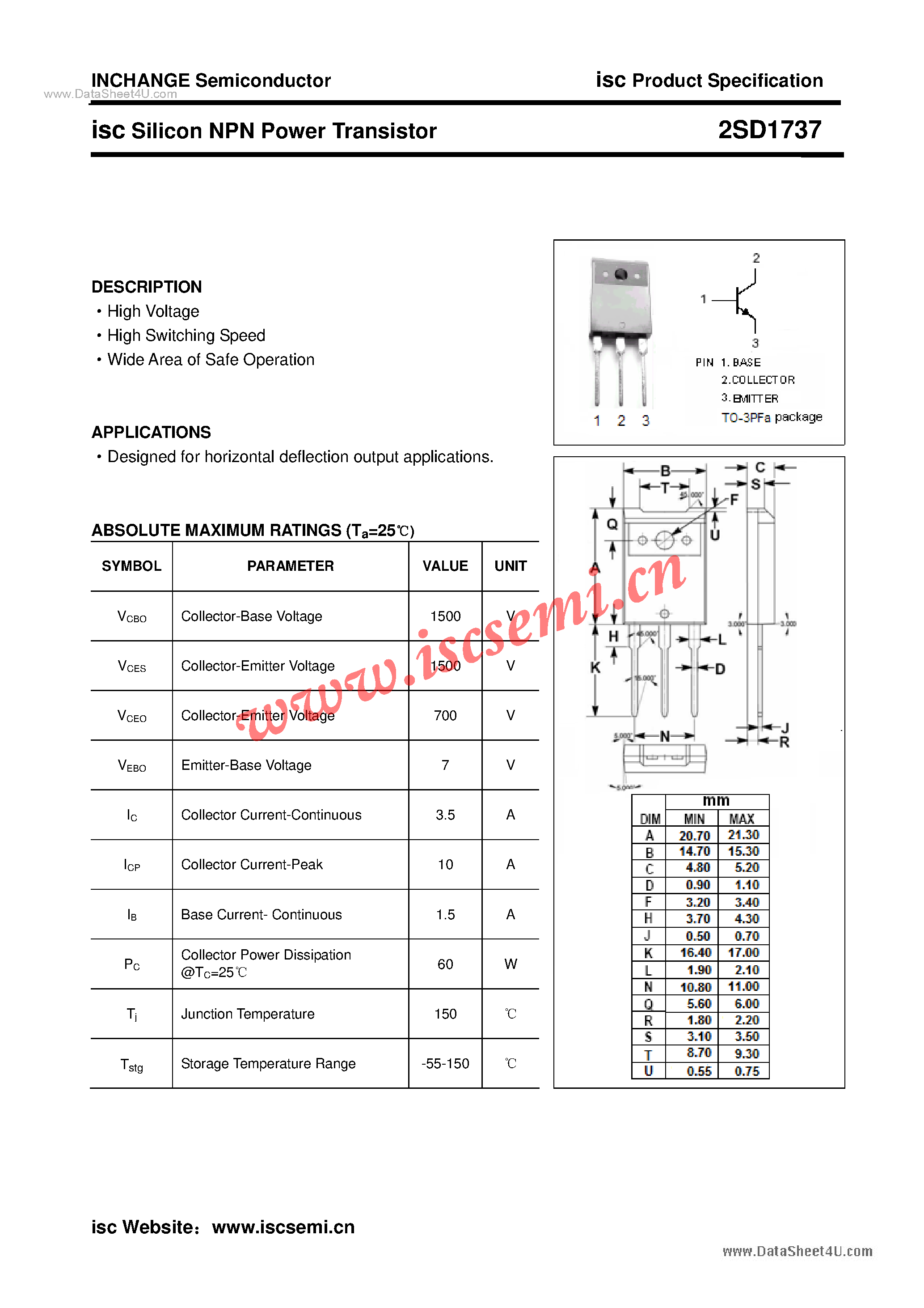 Datasheet 2SD1737 - Power Transistor page 1