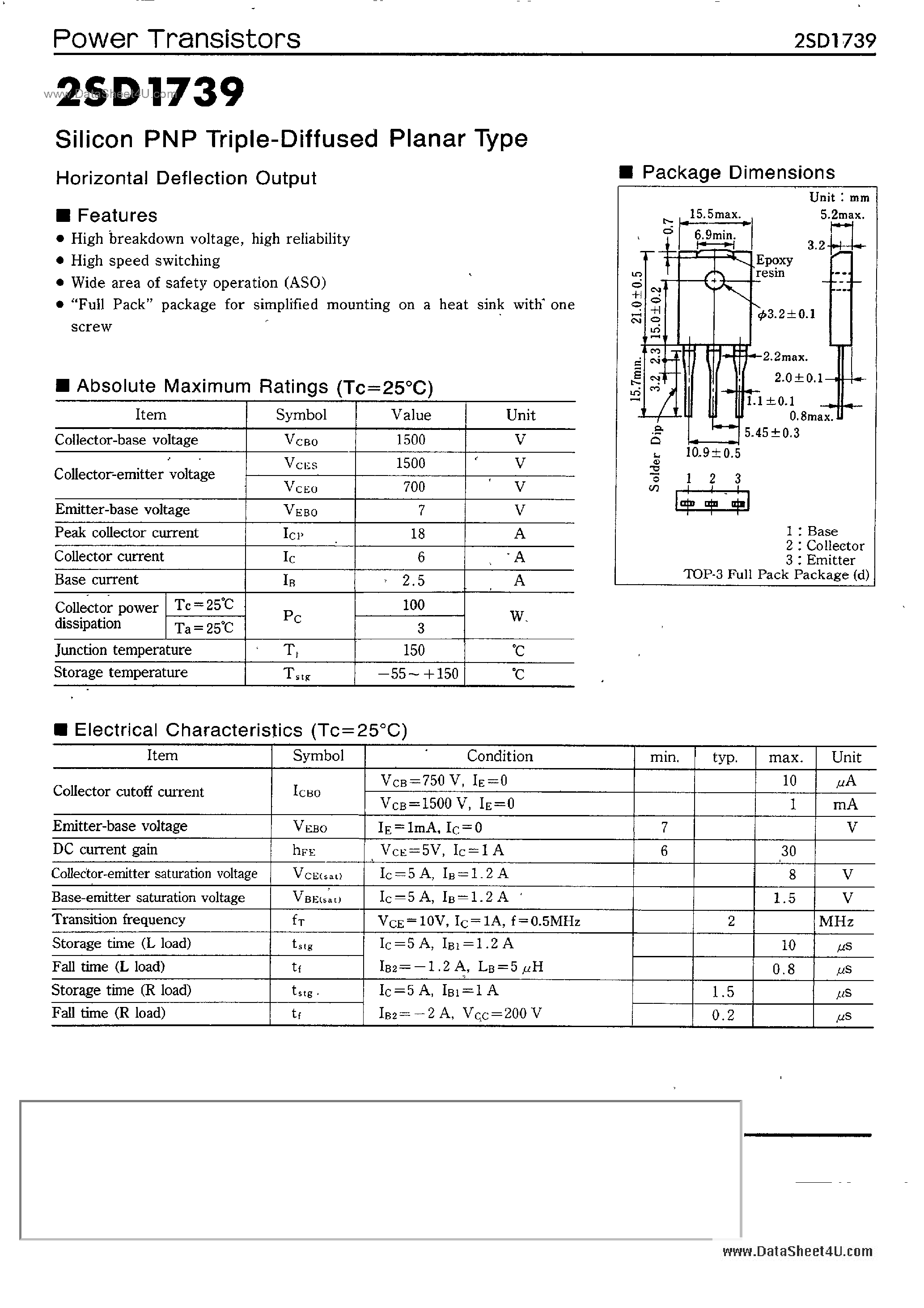 Datasheet 2SD1739 - SILICON PNP TRIPLE DIFFUSED PLANAR TYPE HORIZONTAL DEFLECTION OUTPUT page 1