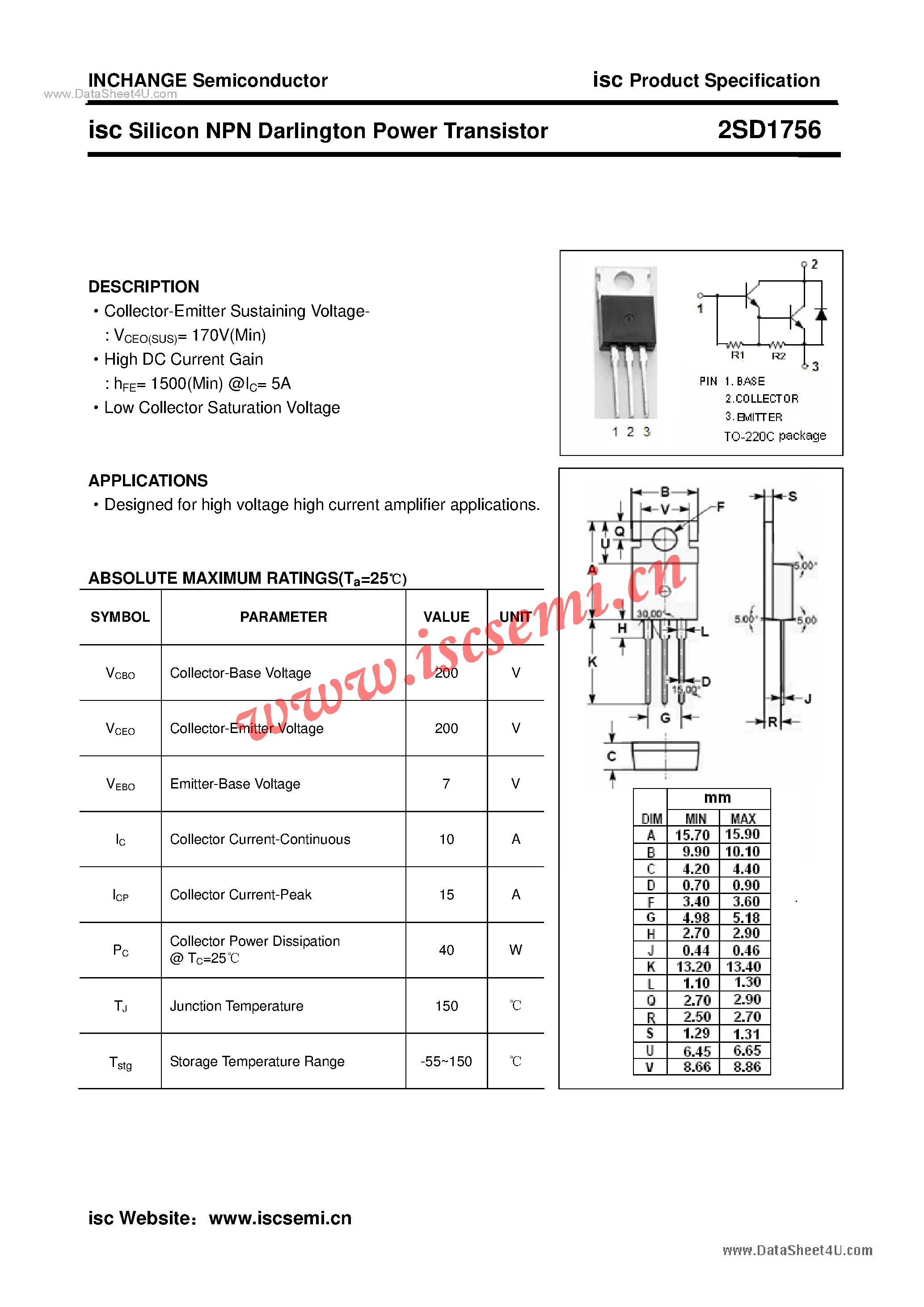 Datasheet 2SD1756 page 1 Datasheet 2SD1756 - Power Transistor page 1
