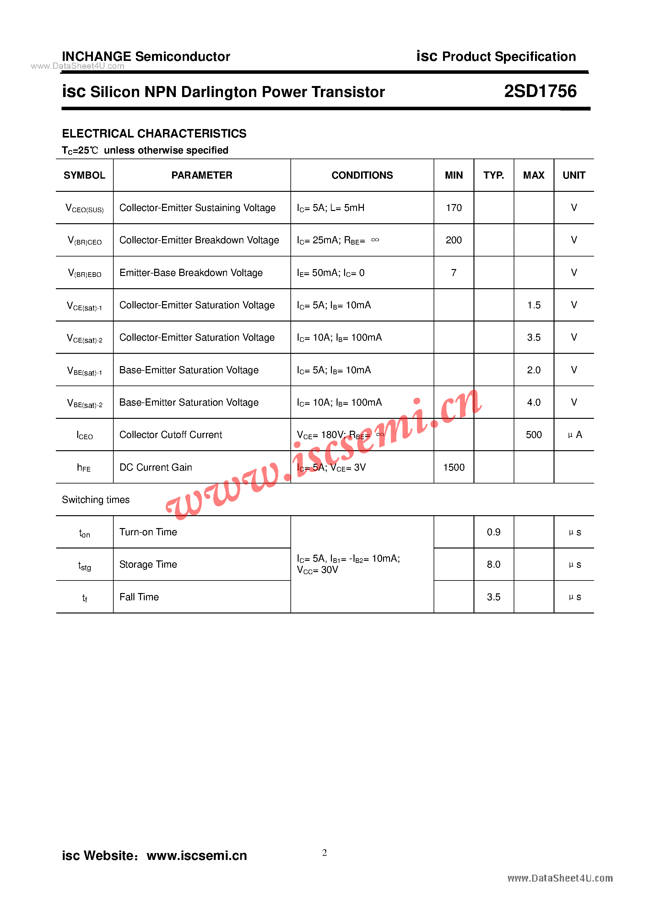 Datasheet 2SD1756 page 2 Datasheet 2SD1756 - Power Transistor page 2