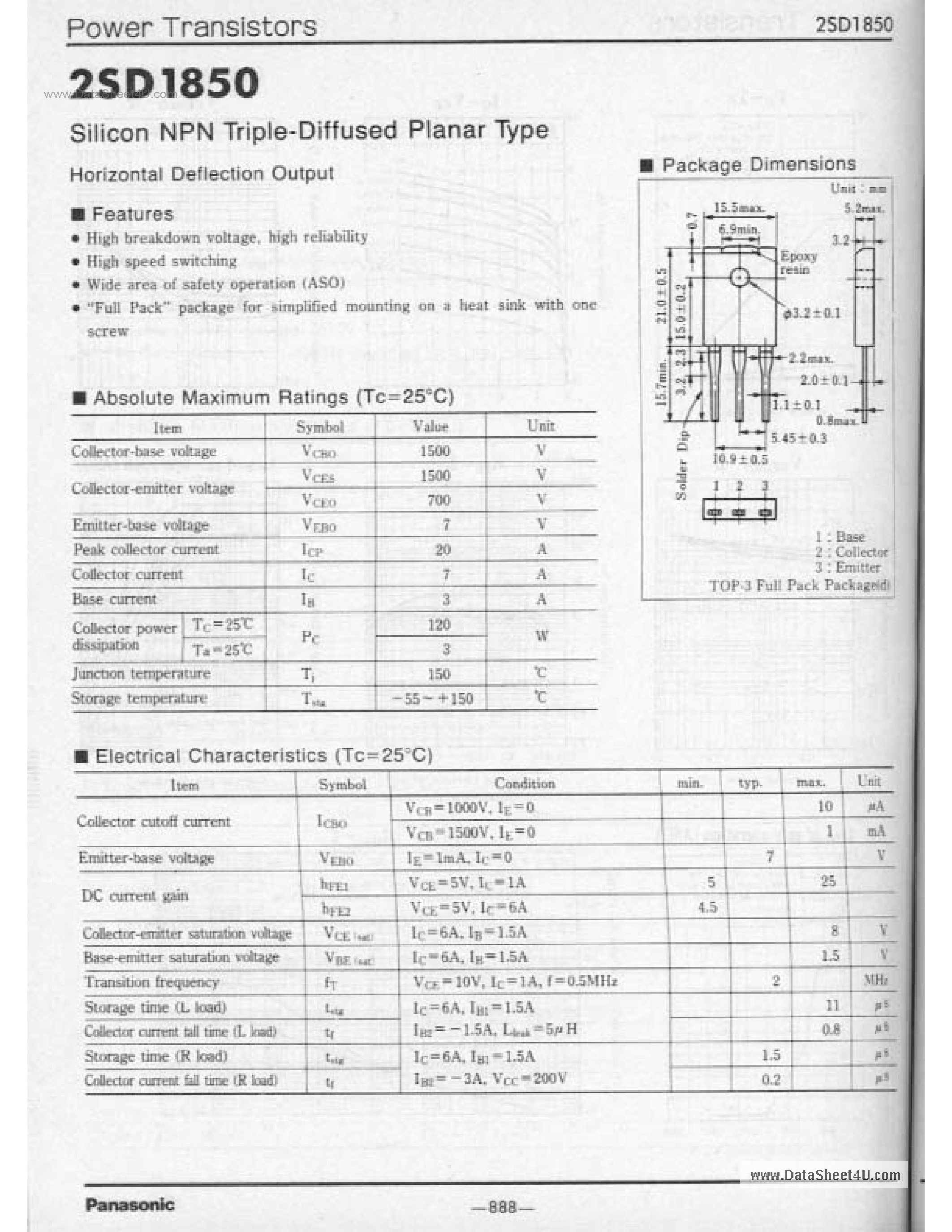 Datasheet 2SD1850 - SILICON NPN TRIPLE DIFFUSED PLANAR TYPE HORIZONTAL DEFLECTION OUTPUT page 1