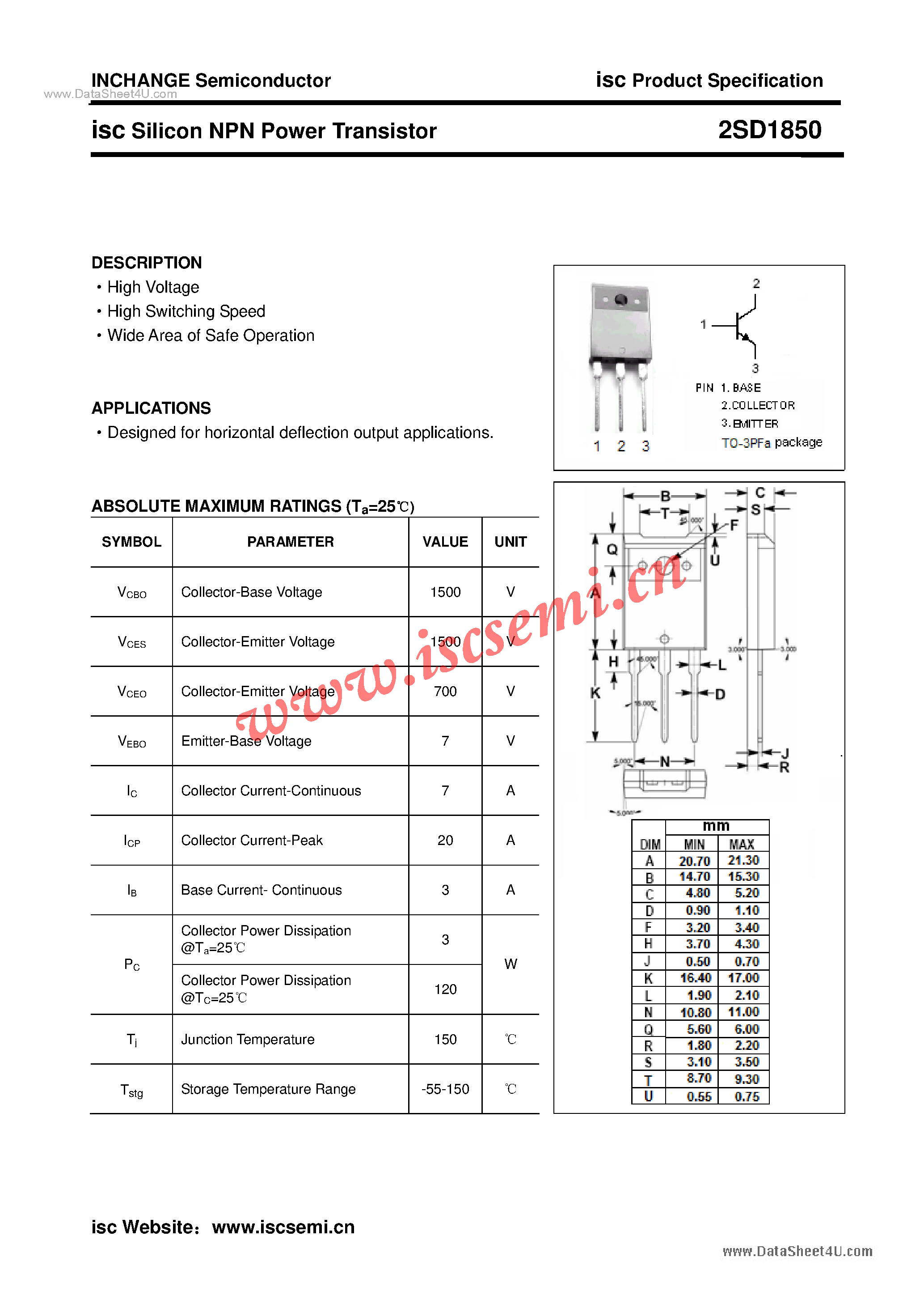 Datasheet 2SD1850 - Power Transistor page 1