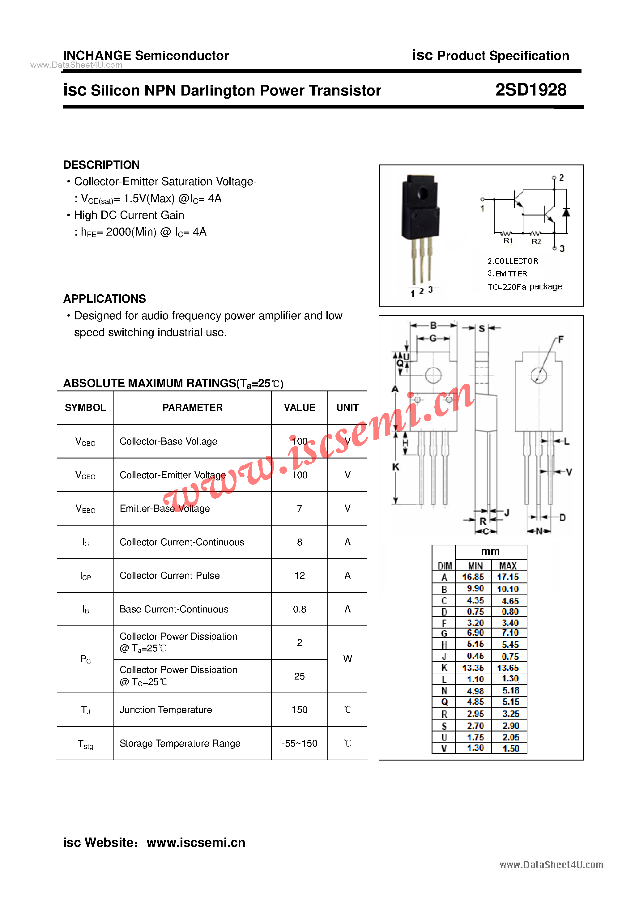 Datasheet 2SD1928 - Power Transistor page 1