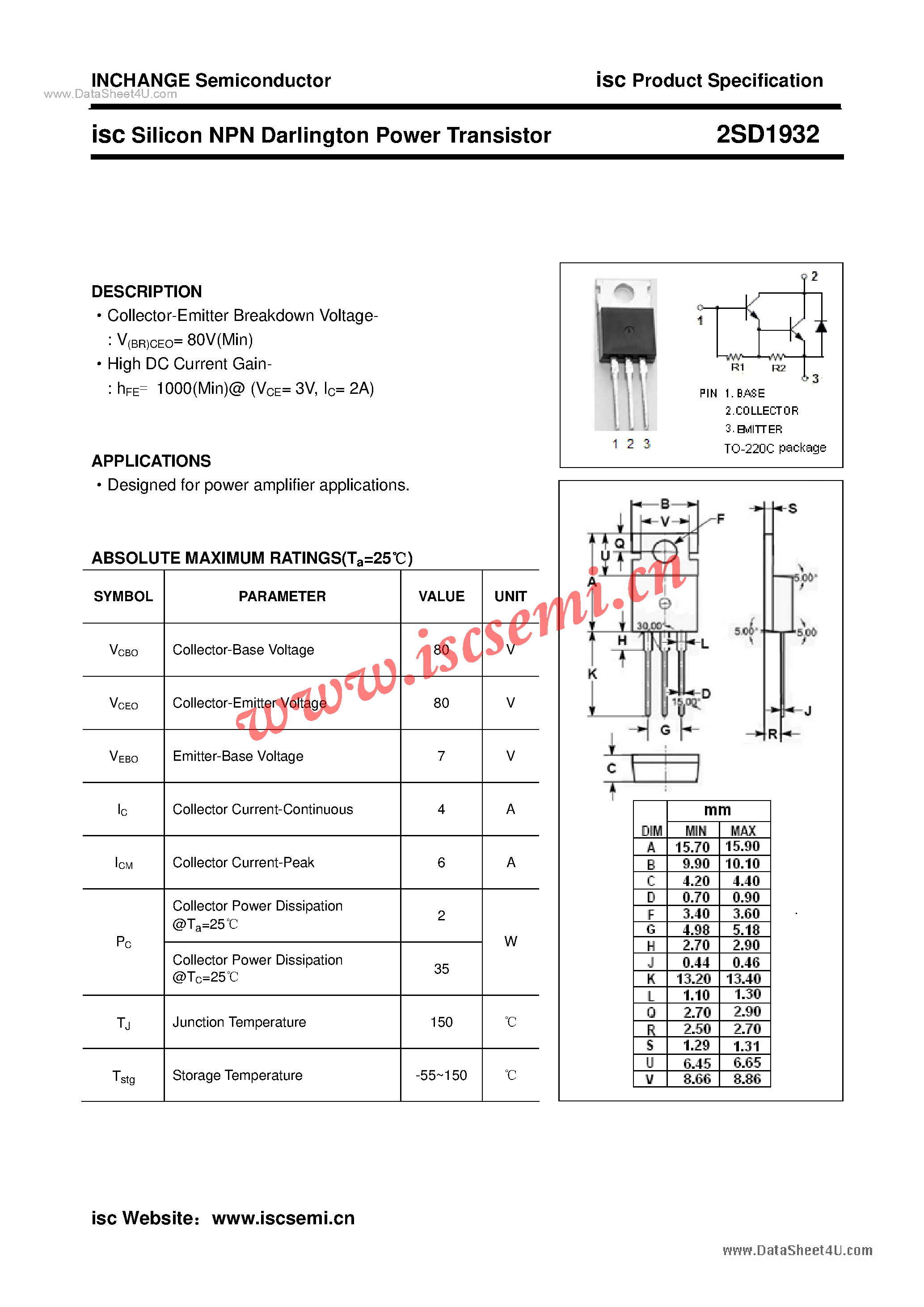 Datasheet 2SD1932 - Power Transistor page 1