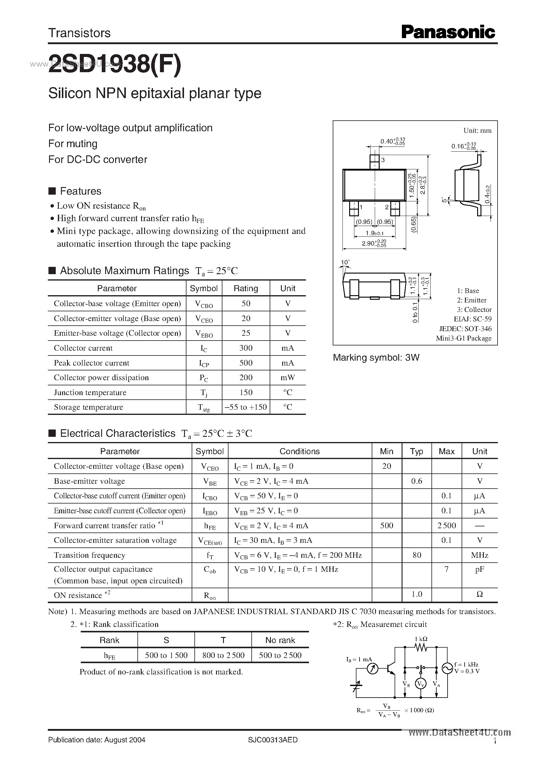 Datasheet 2SD1938 - Silicon NPN epitaxial planar type page 1