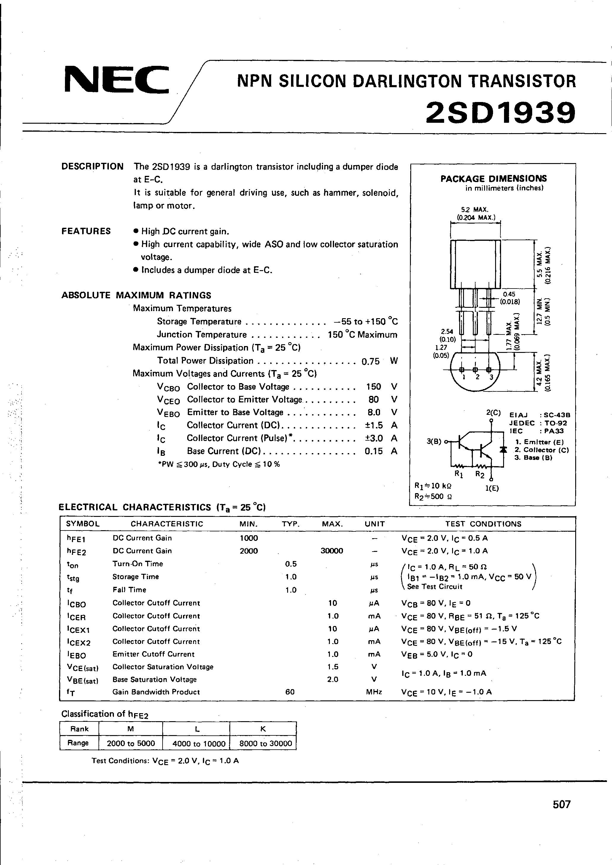 Datasheet 2SD1939 page 1 Datasheet 2SD1939 - NPN SILICON DARLINGTON TRANSISTOR page 1