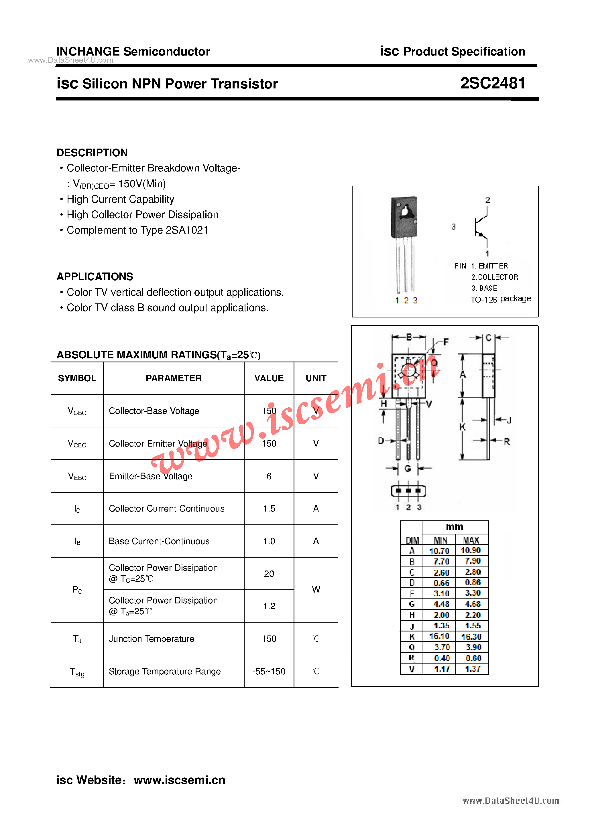 Datasheet 2SC2481 - Power Transistor page 1