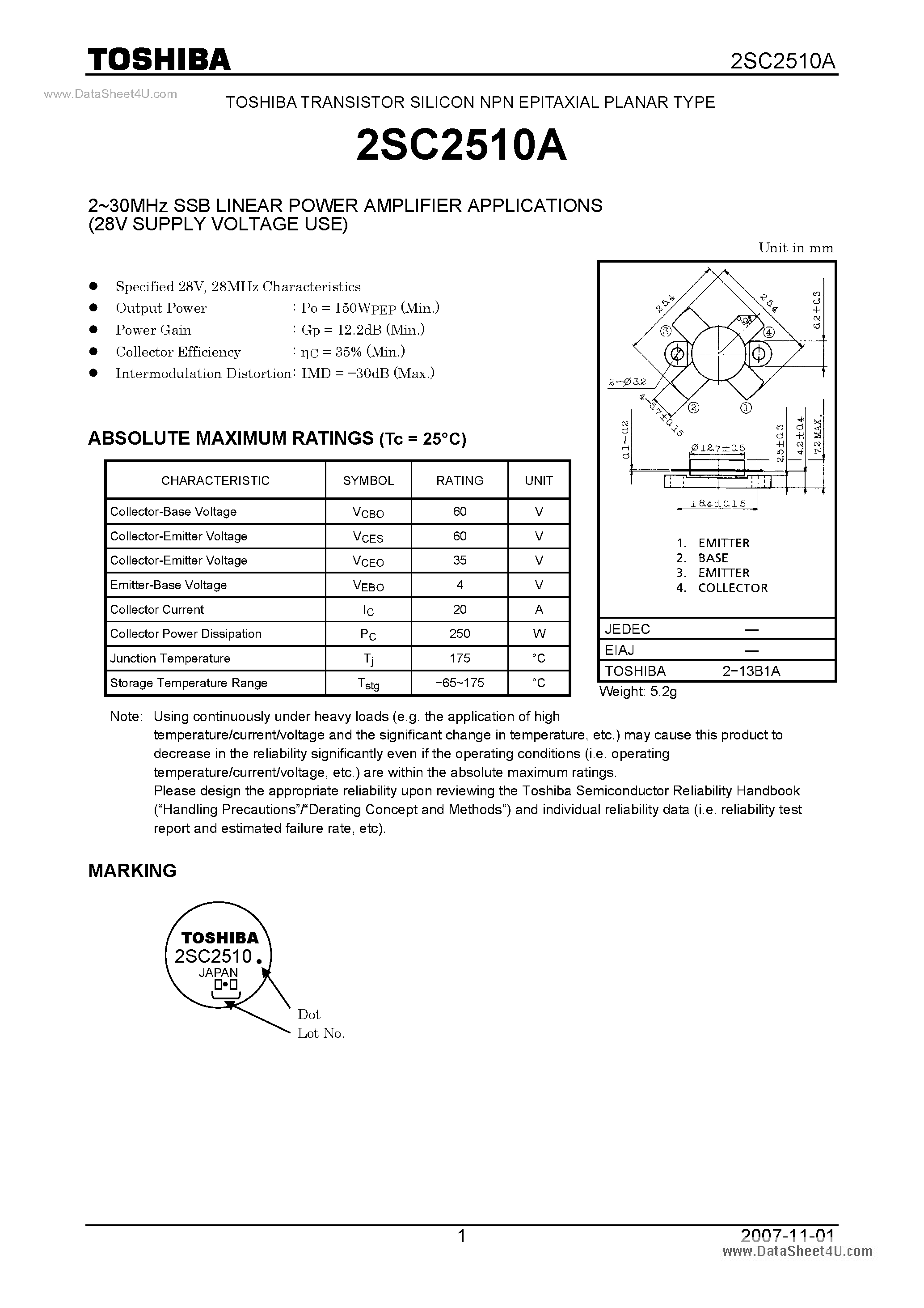 Datasheet 2SC2510A page 1 Datasheet 2SC2510A - SILICON NPN EPITAXIAL PLANAR TYPE page 1