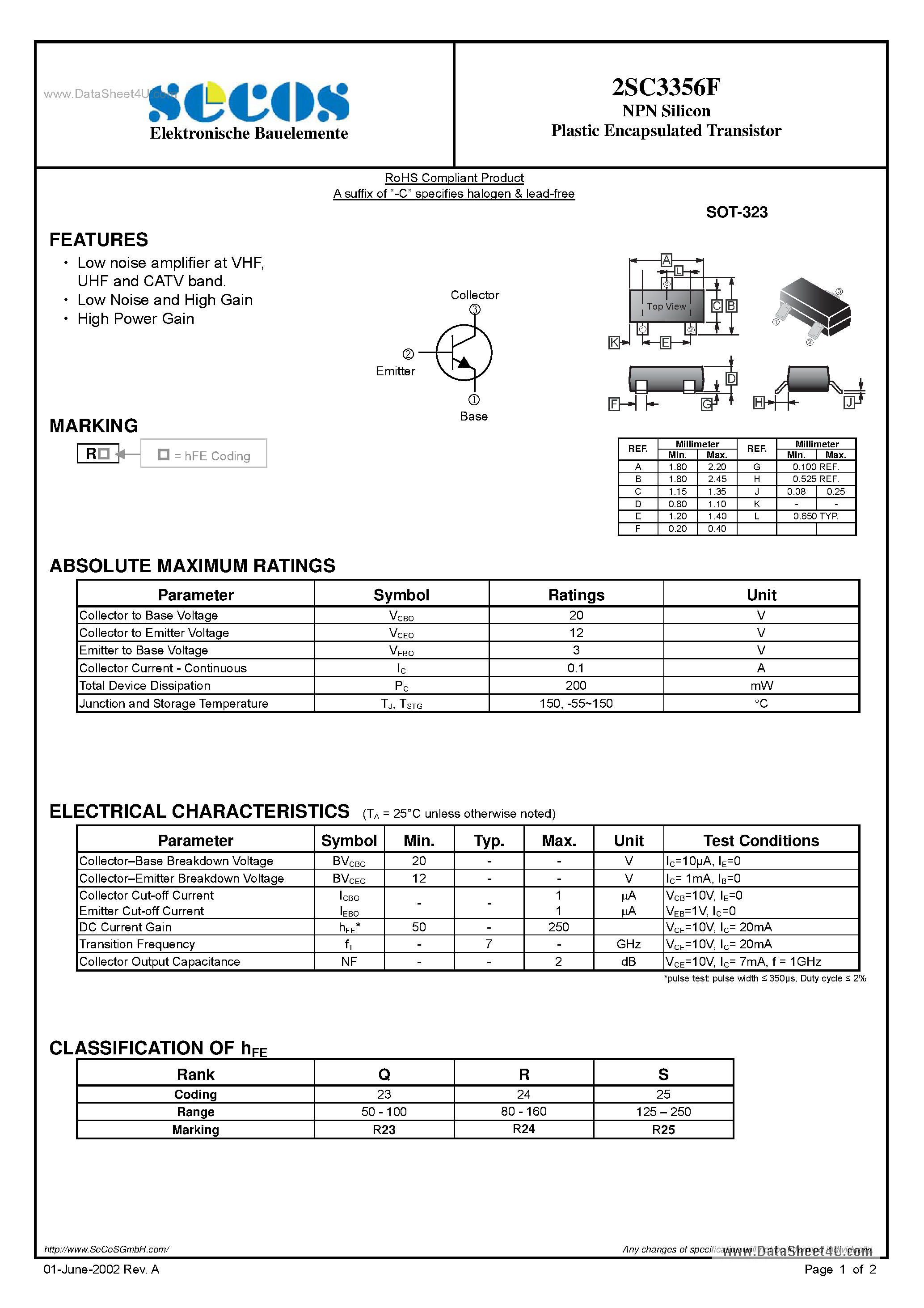 Datasheet 2SC3356F page 1 Datasheet 2SC3356F - NPN Silicon Plastic Encapsulated Transistor page 1