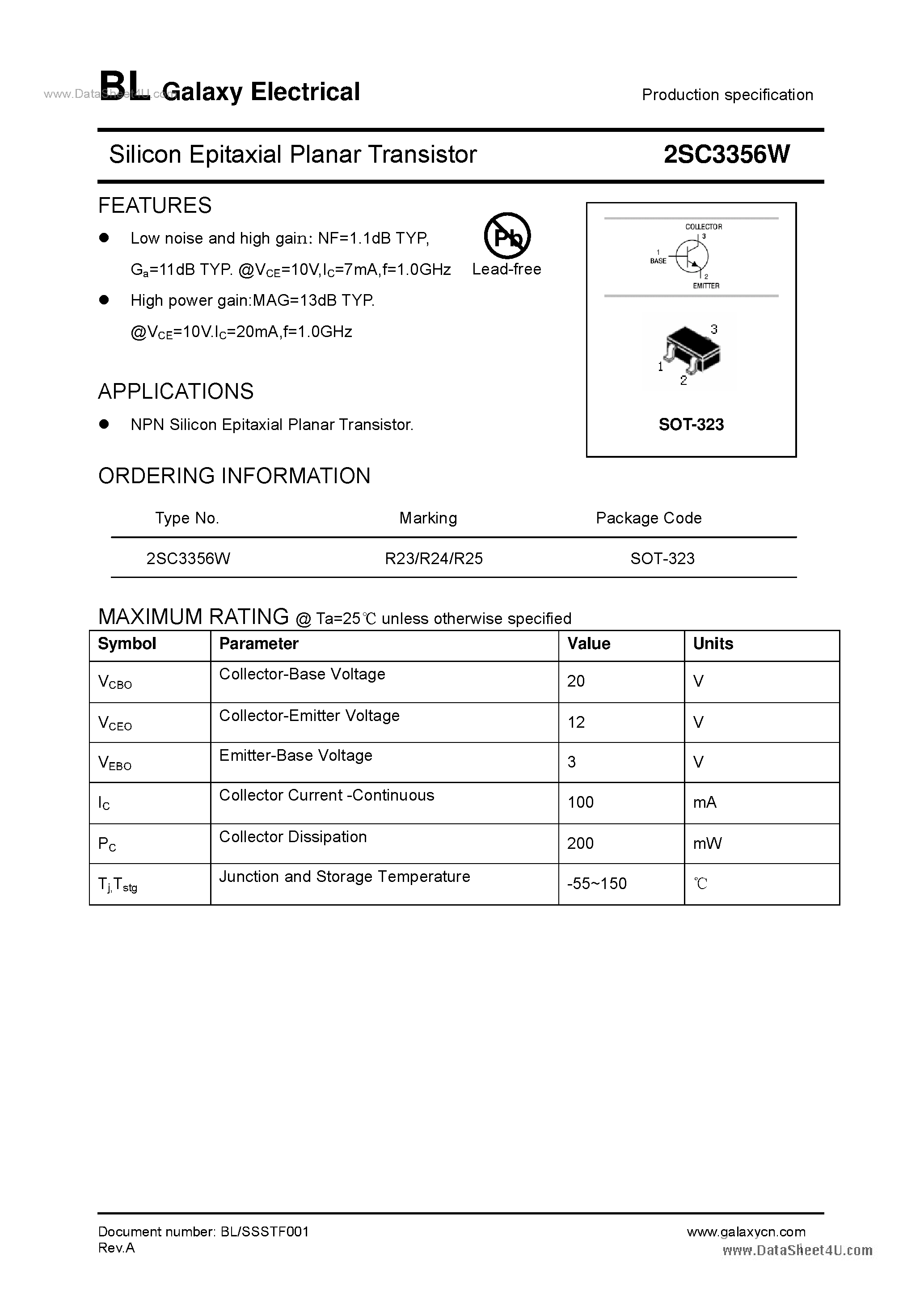 Datasheet 2SC3356W - Silicon Epitaxial Planar Transistor page 1