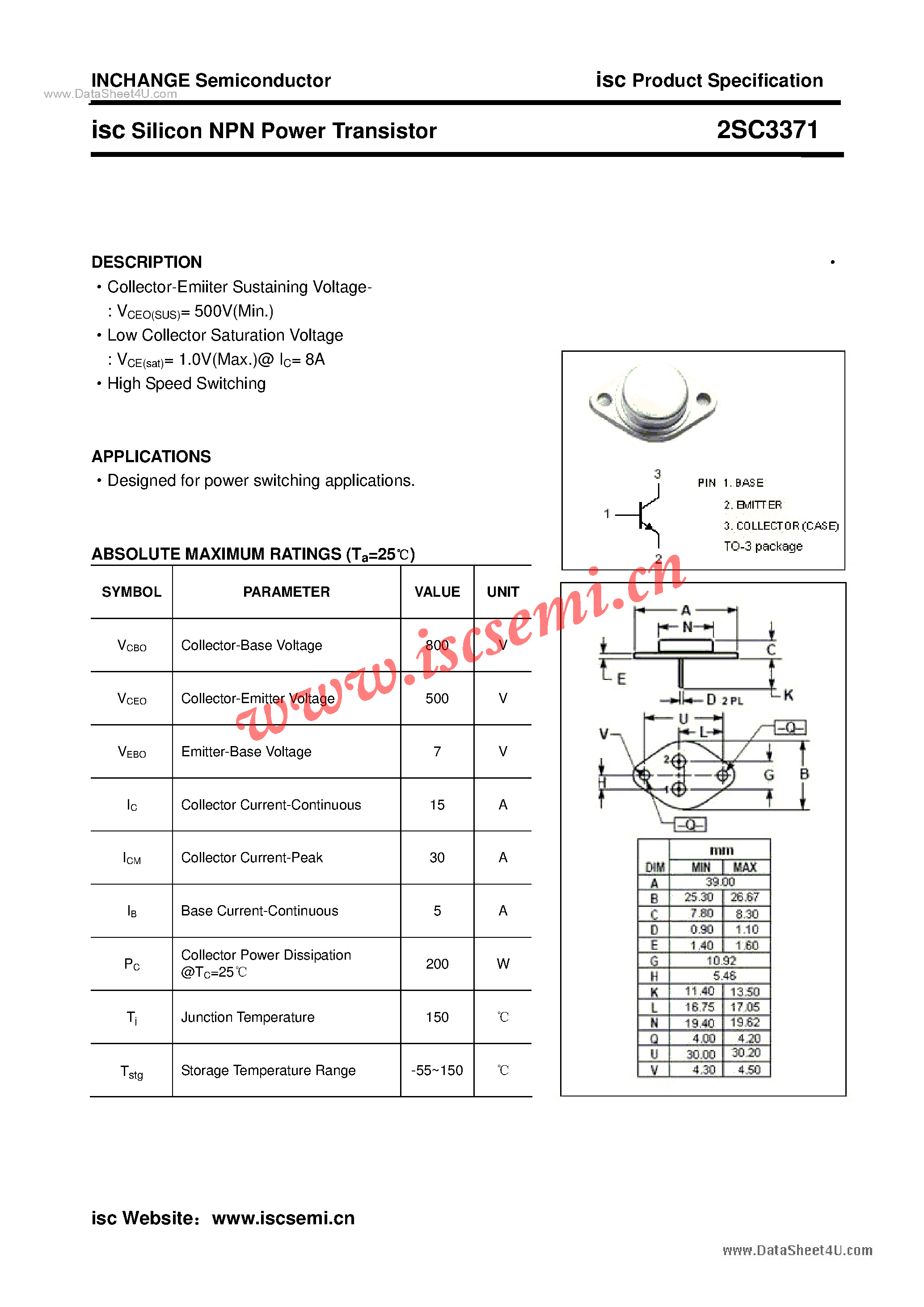 Datasheet 2SC3371 - Power Transistor page 1