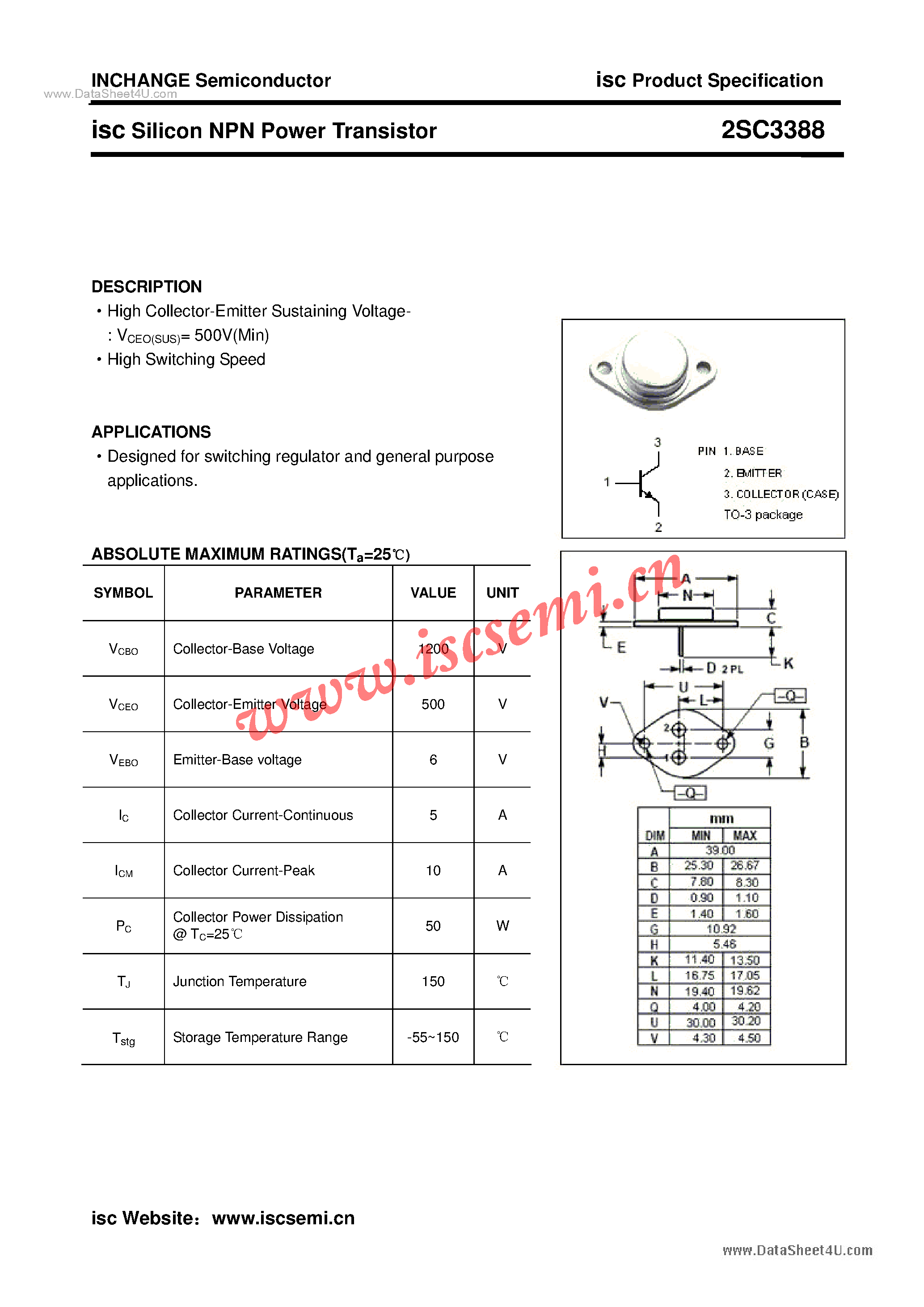 Datasheet 2SC3388 page 1 Datasheet 2SC3388 - Power Transistor page 1
