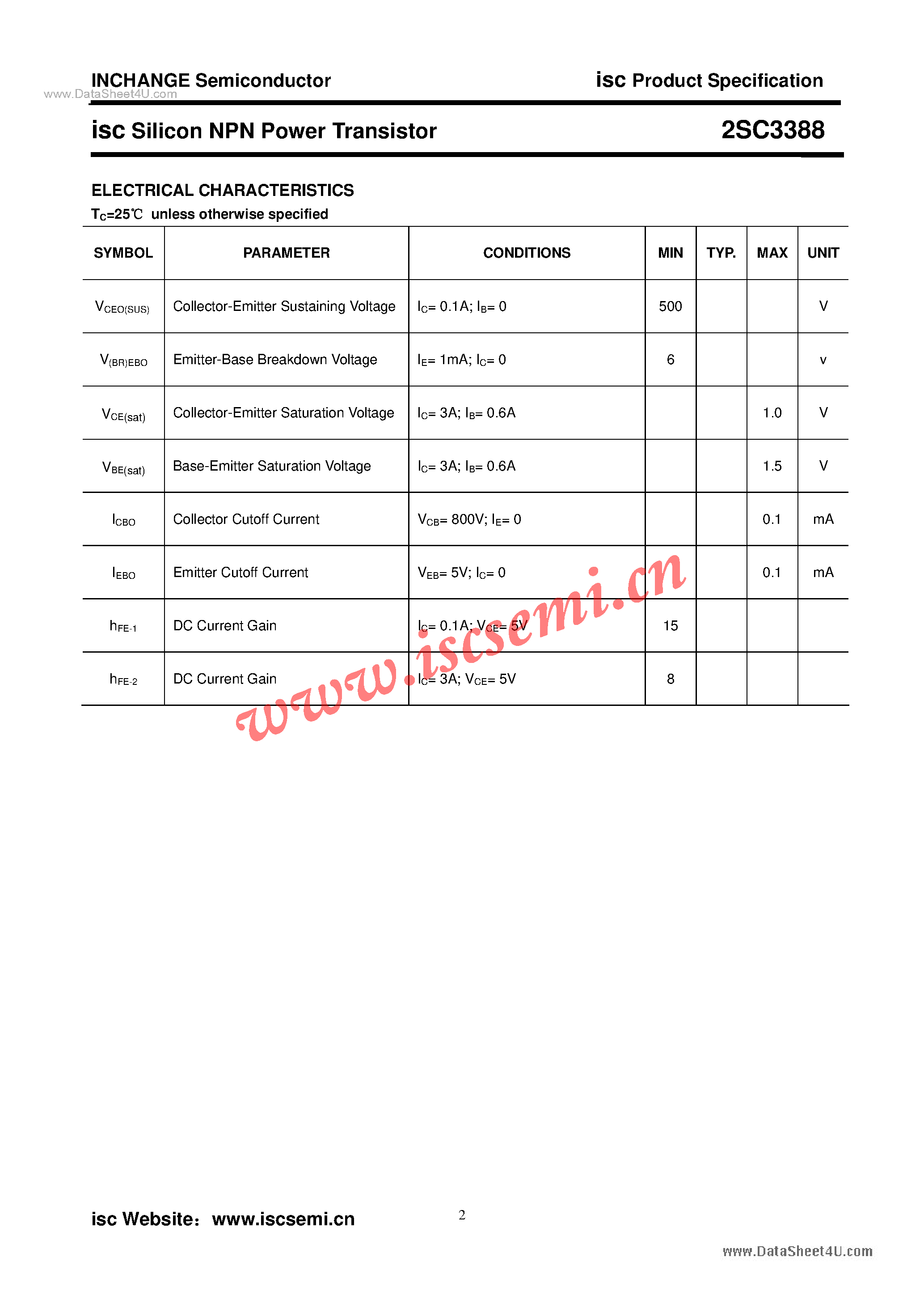 Datasheet 2SC3388 page 2 Datasheet 2SC3388 - Power Transistor page 2