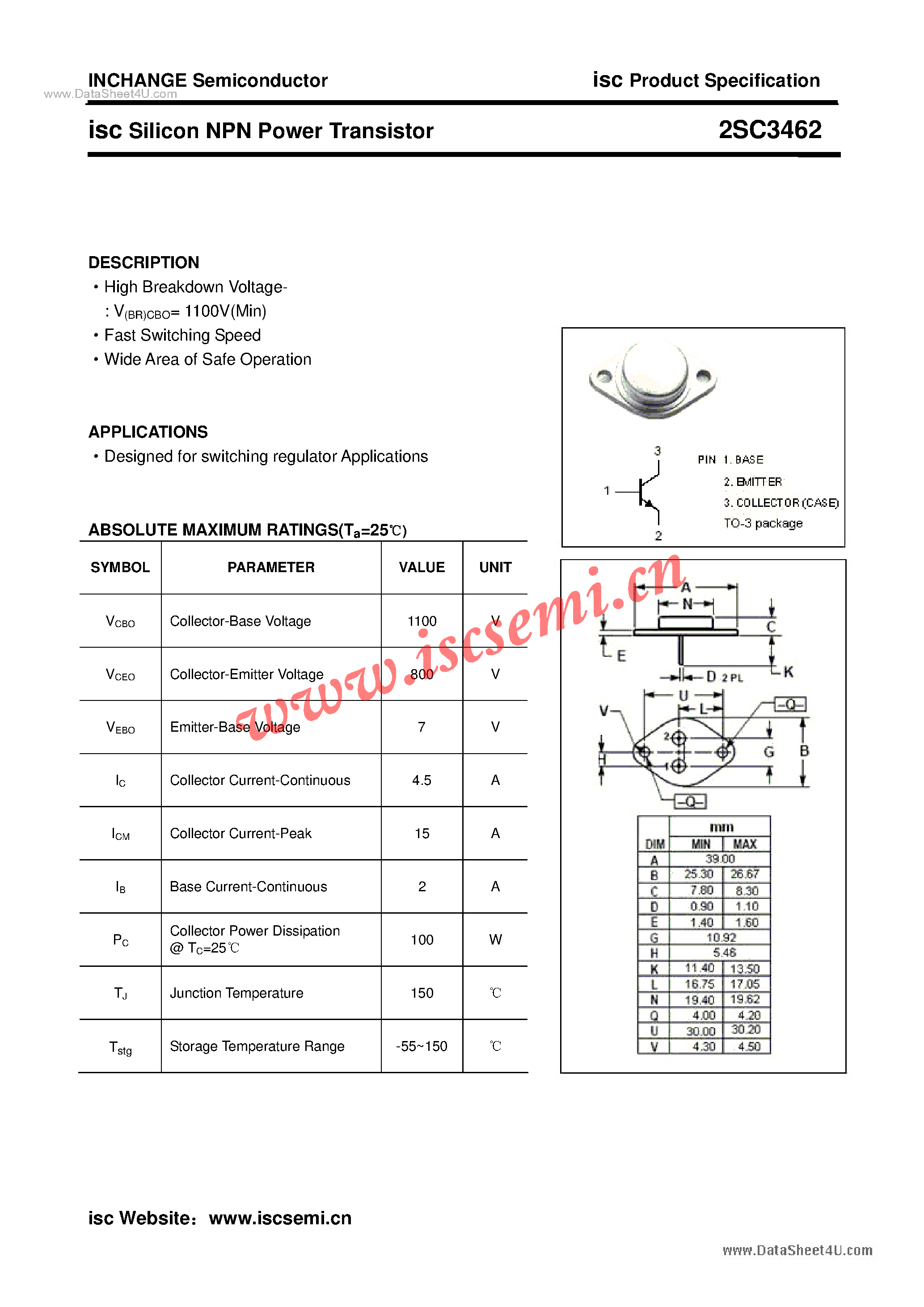 Datasheet 2SC3462 page 1 Datasheet 2SC3462 - Power Transistor page 1