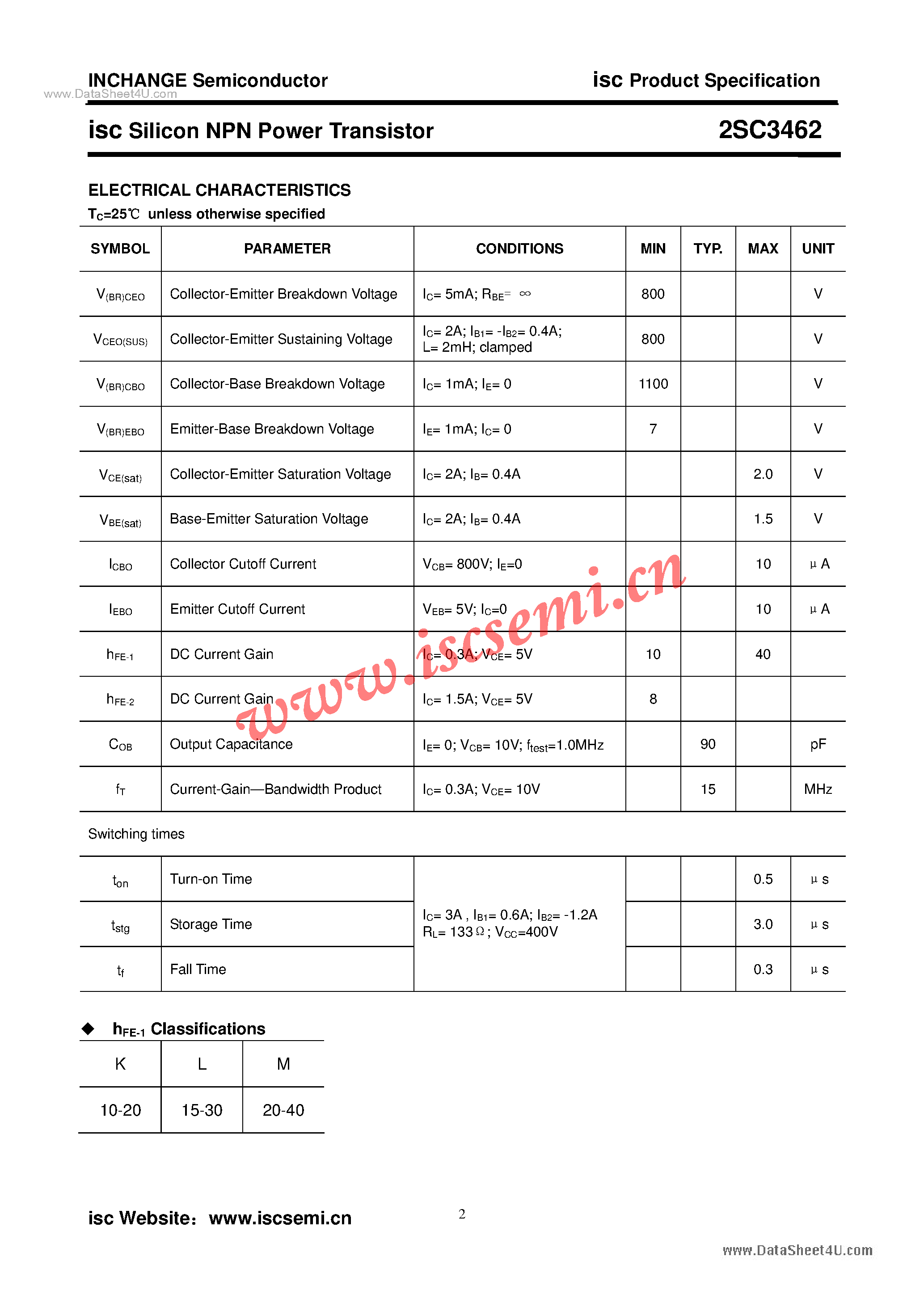 Datasheet 2SC3462 page 2 Datasheet 2SC3462 - Power Transistor page 2