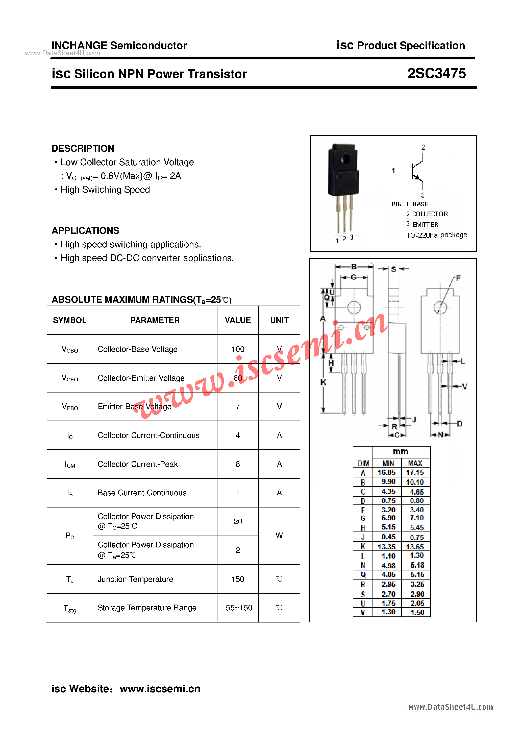 Datasheet 2SC3475 page 1 Datasheet 2SC3475 - Power Transistor page 1