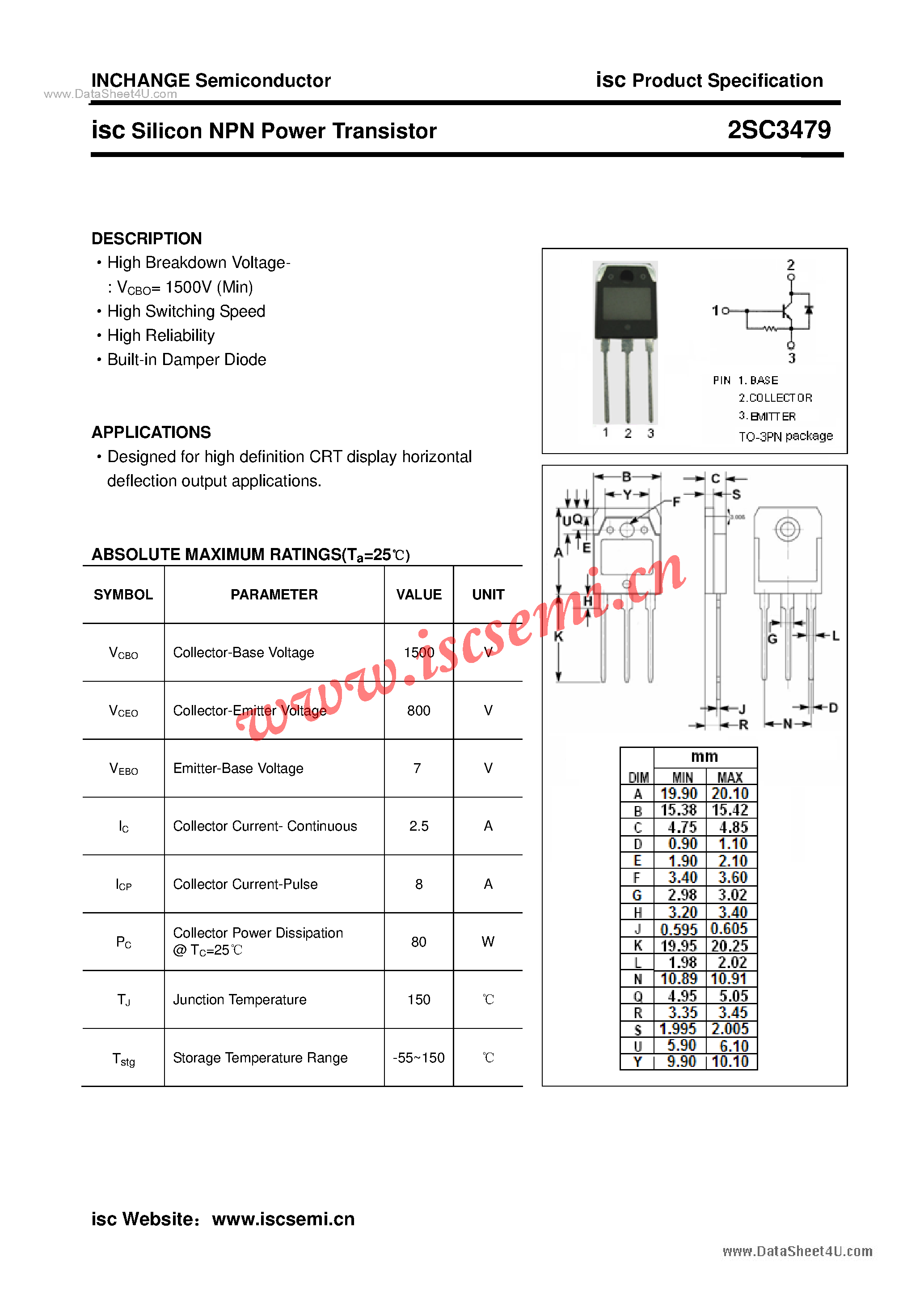 Datasheet 2SC3479 page 1 Datasheet 2SC3479 - Power Transistor page 1