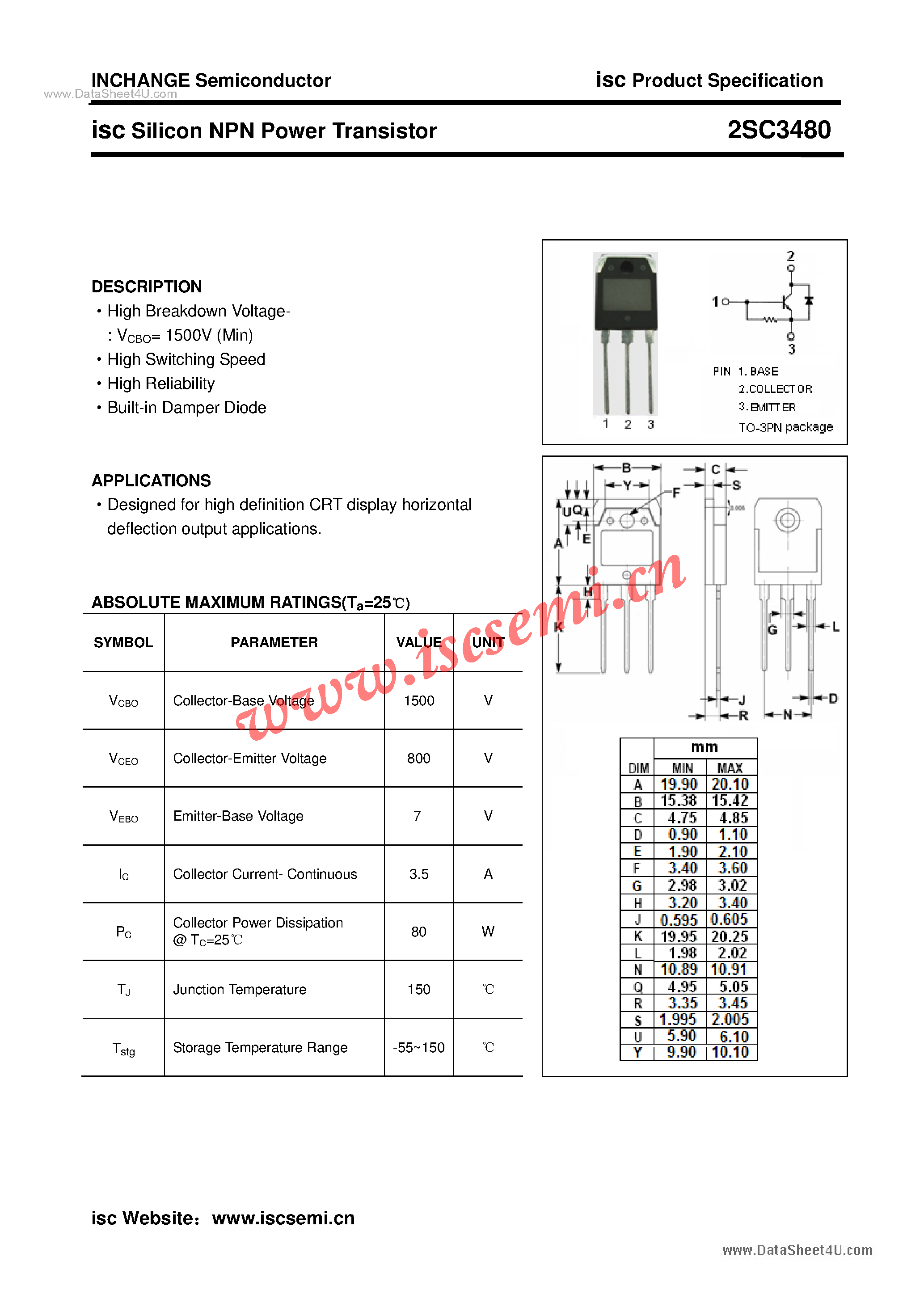 Datasheet 2SC3480 page 1 Datasheet 2SC3480 - Power Transistor page 1