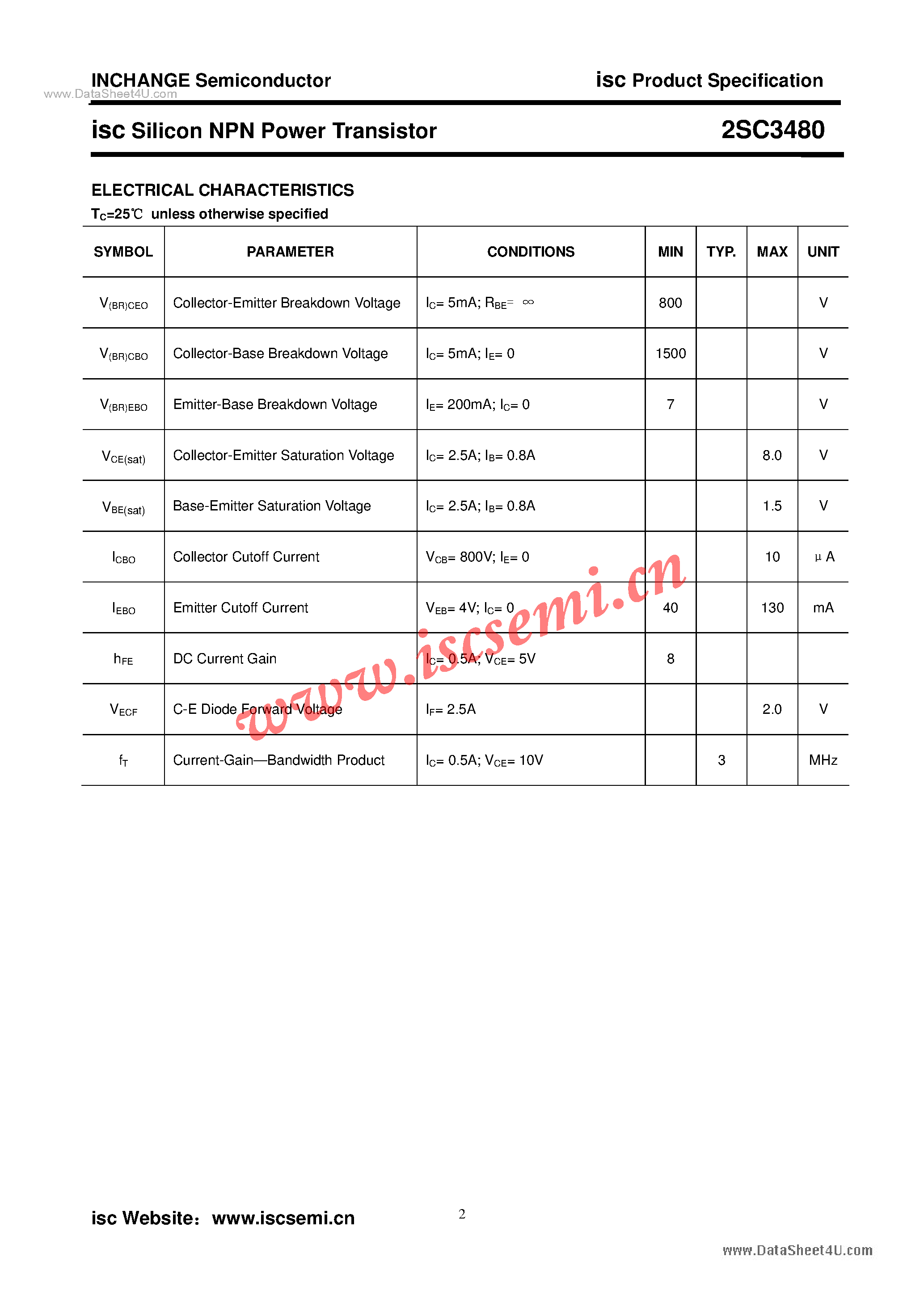 Datasheet 2SC3480 page 2 Datasheet 2SC3480 - Power Transistor page 2