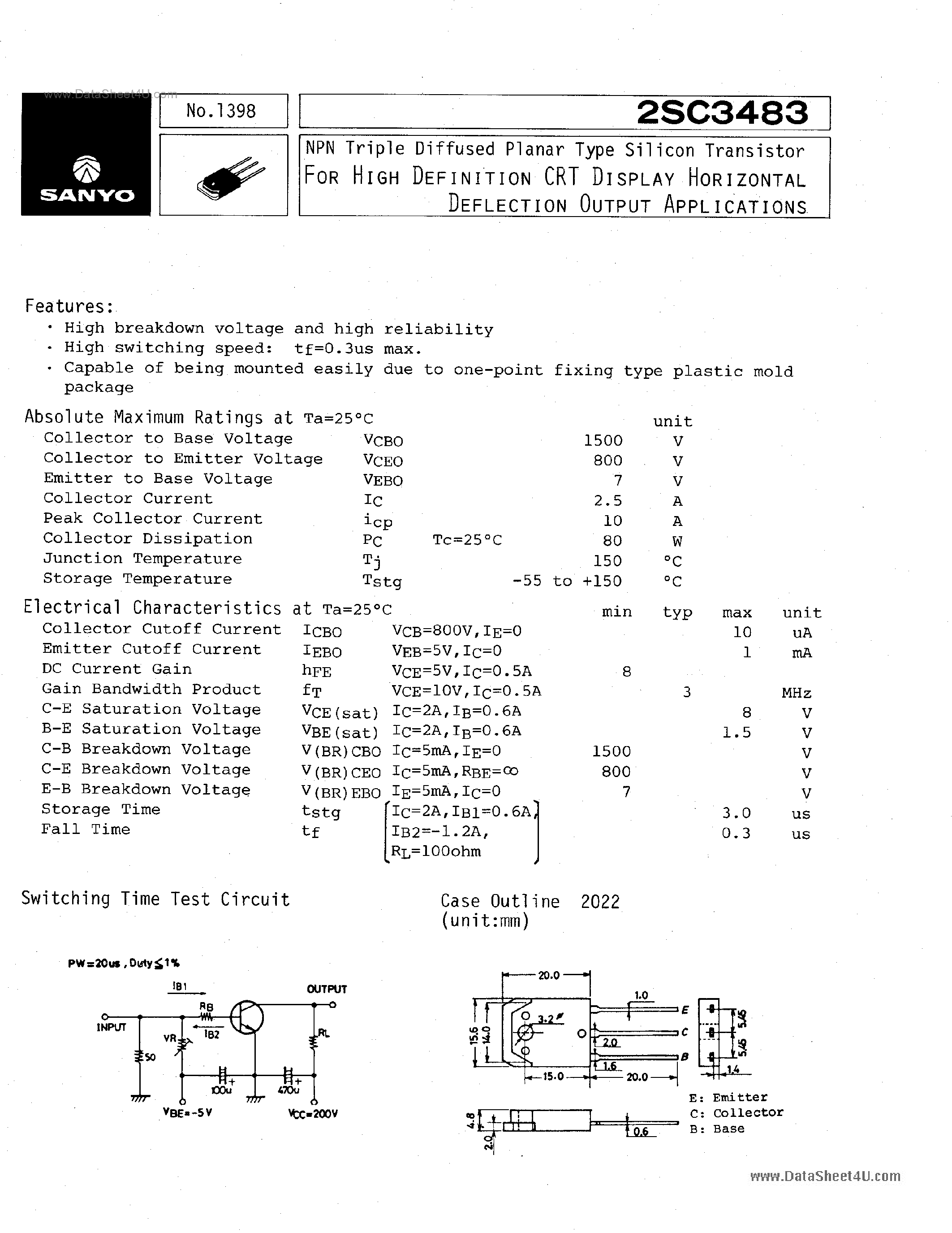 Datasheet 2SC3483 - NPN Triple Diffused Planar Type Silicon Transistor page 1