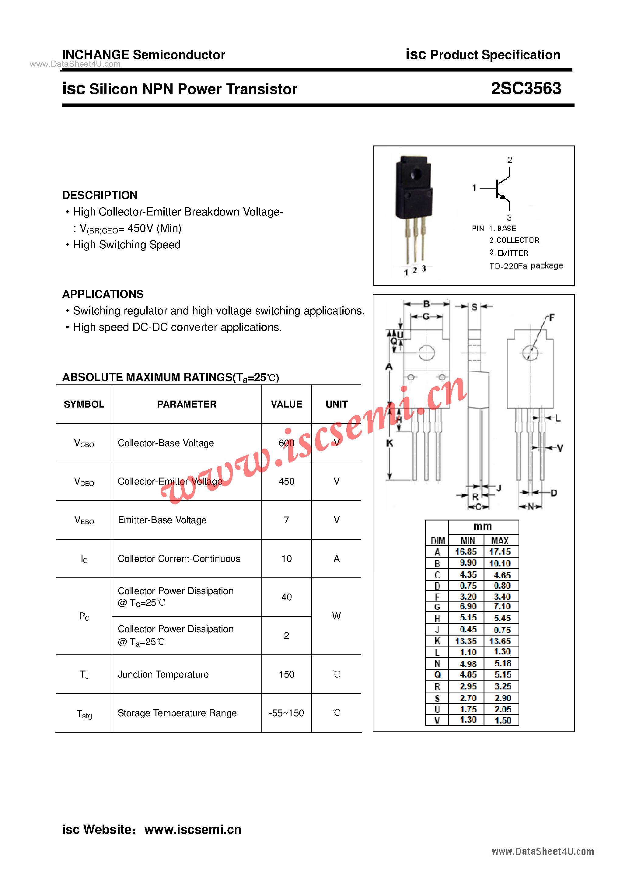 Datasheet 2SC3563 page 1 Datasheet 2SC3563 - Power Transistor page 1