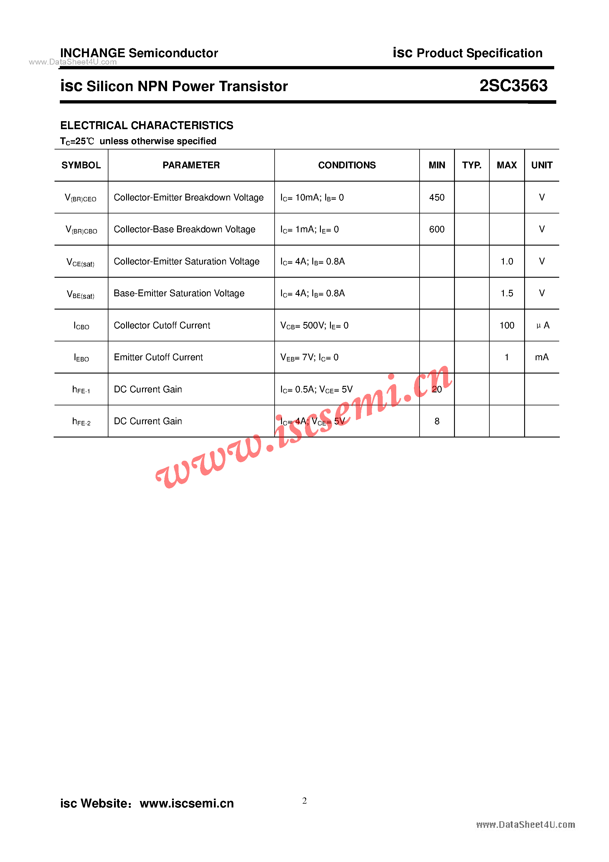 Datasheet 2SC3563 page 2 Datasheet 2SC3563 - Power Transistor page 2