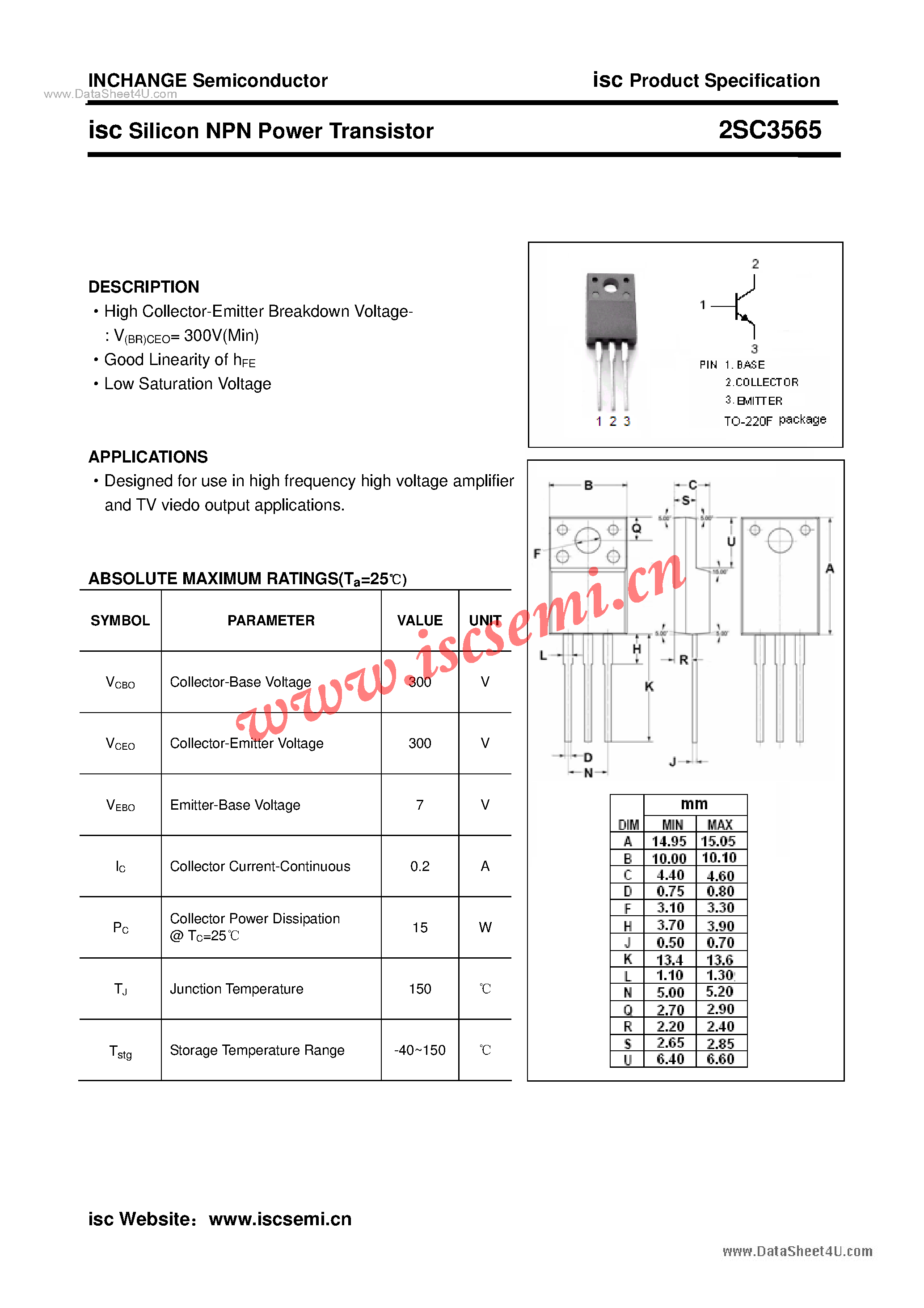 Datasheet 2SC3565 page 1 Datasheet 2SC3565 - Power Transistor page 1