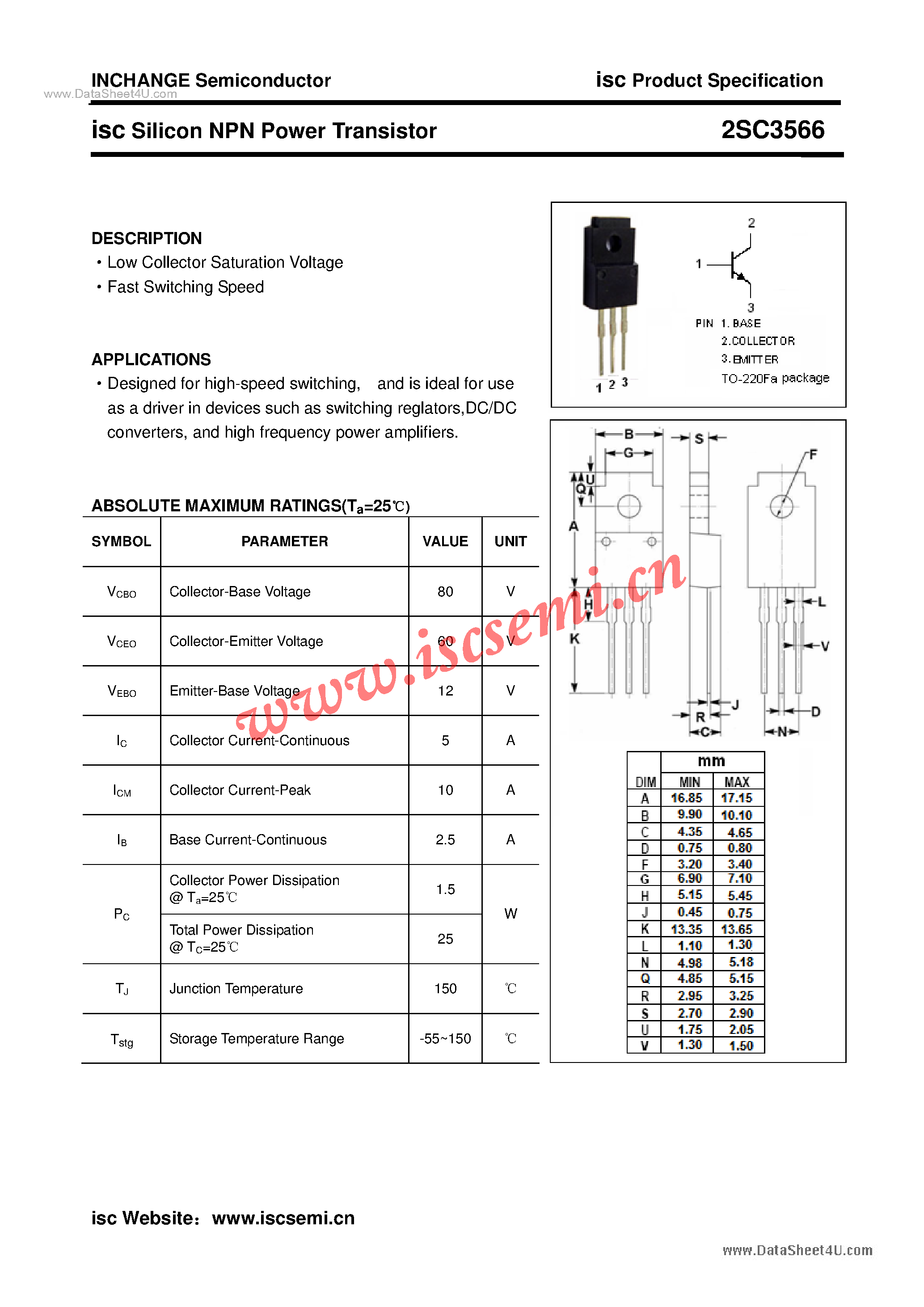 Datasheet 2SC3566 - Power Transistor page 1