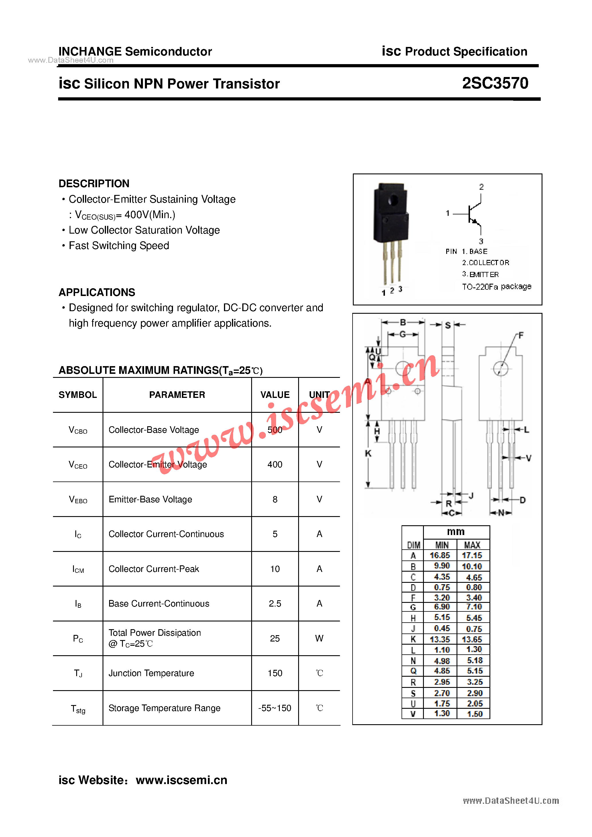 Datasheet 2SC3570 page 1 Datasheet 2SC3570 - Power Transistor page 1