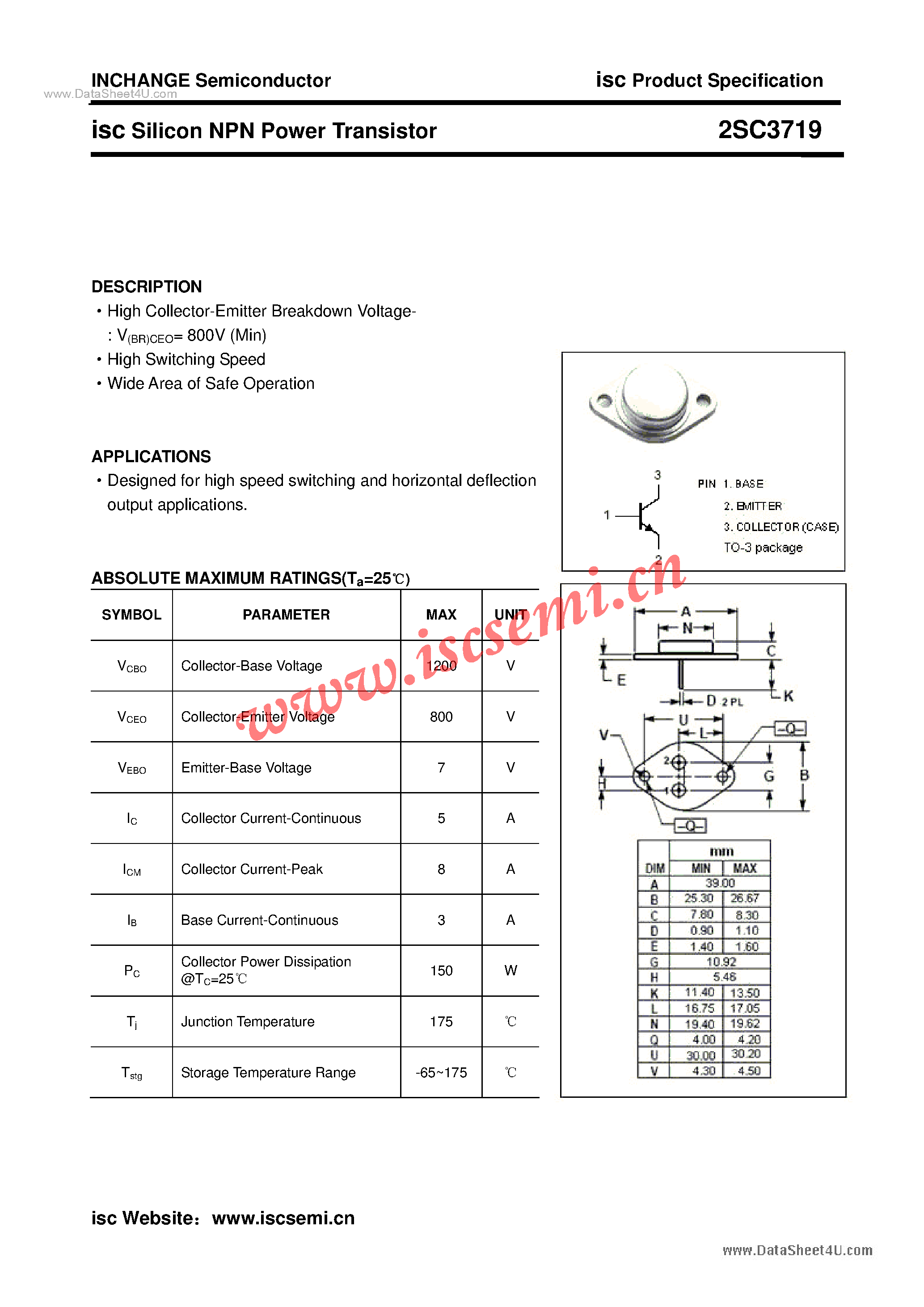 Datasheet 2SC3719 page 1 Datasheet 2SC3719 - Power Transistor page 1