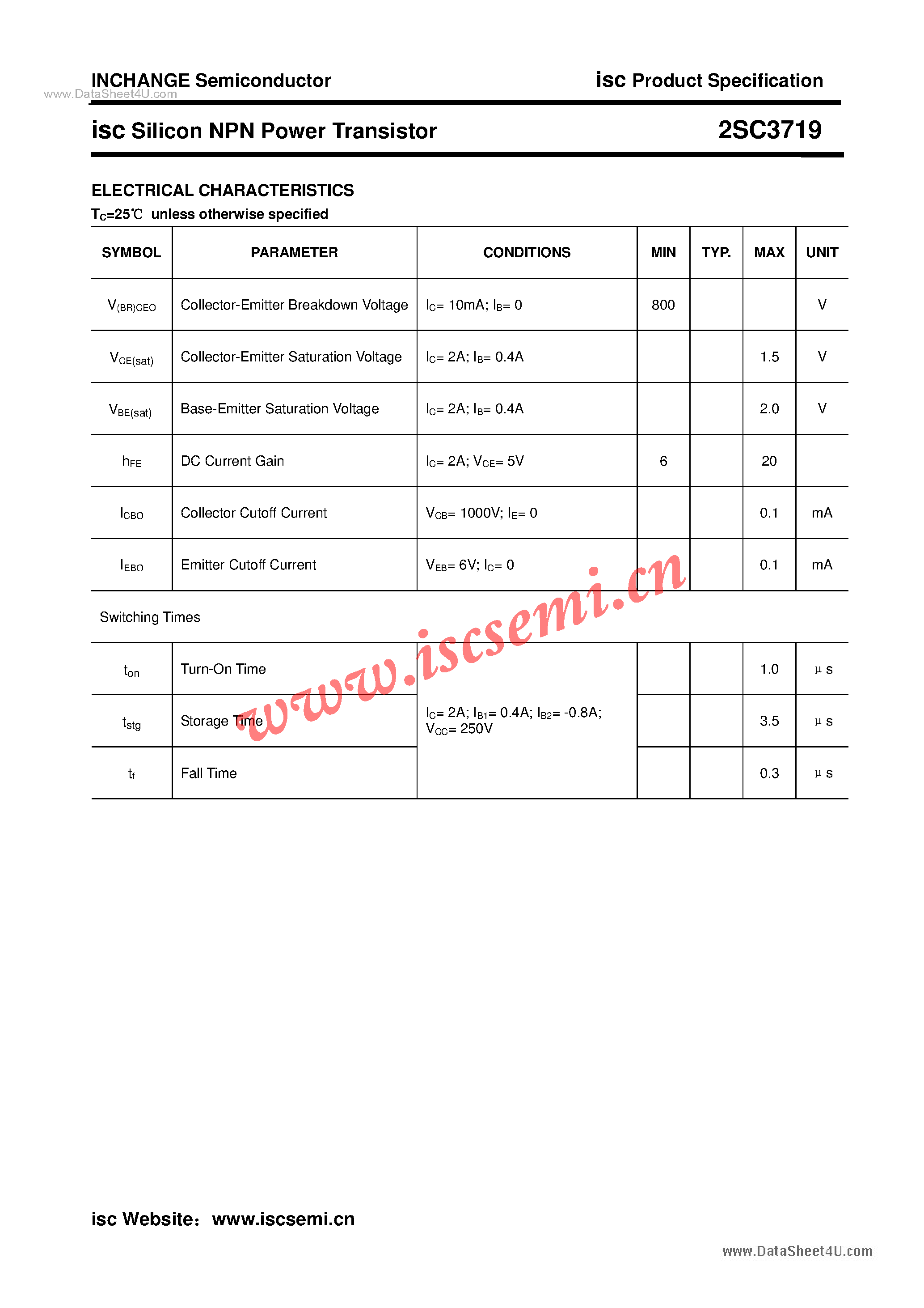 Datasheet 2SC3719 page 2 Datasheet 2SC3719 - Power Transistor page 2