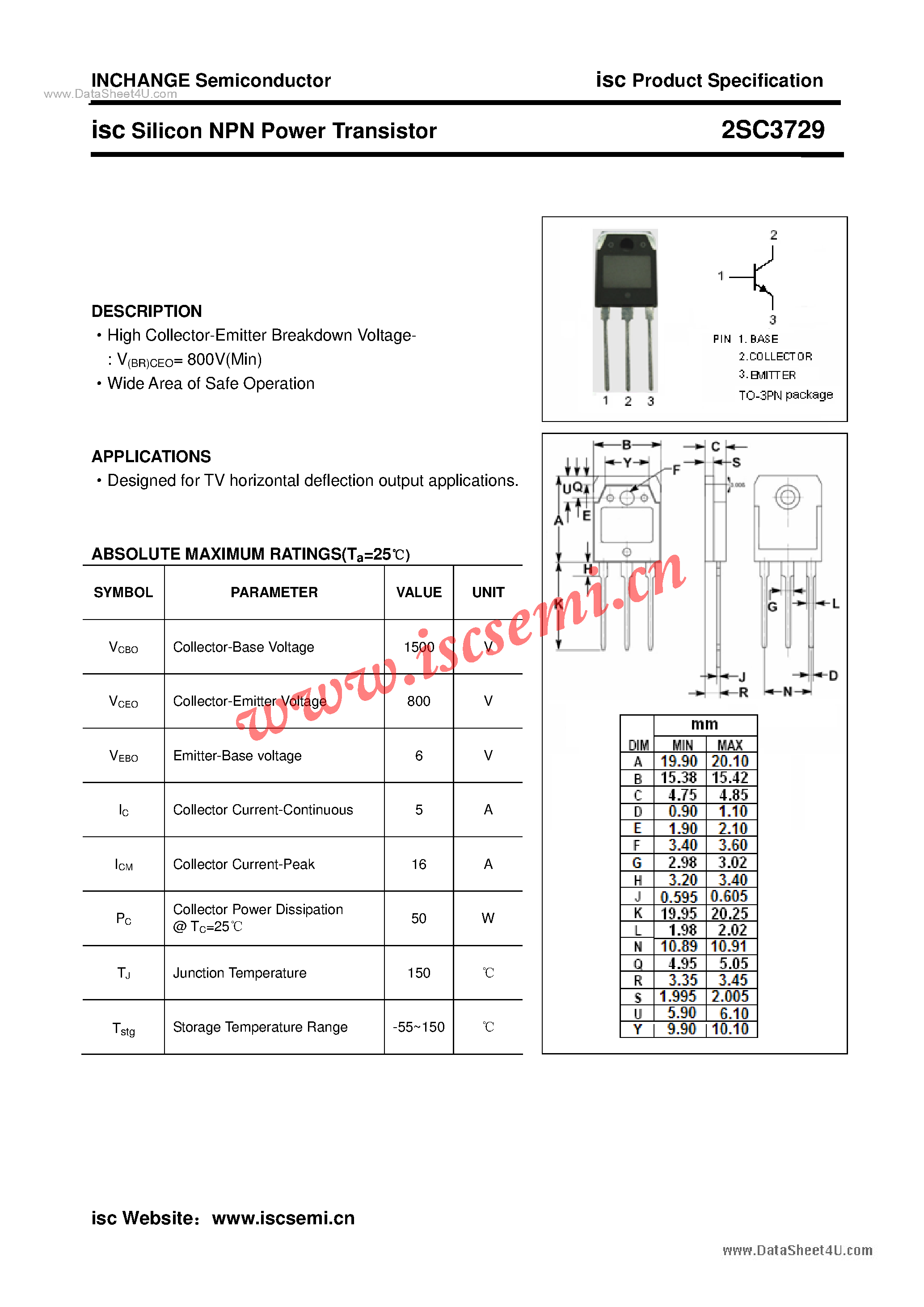 Datasheet 2SC3729 - Power Transistor page 1