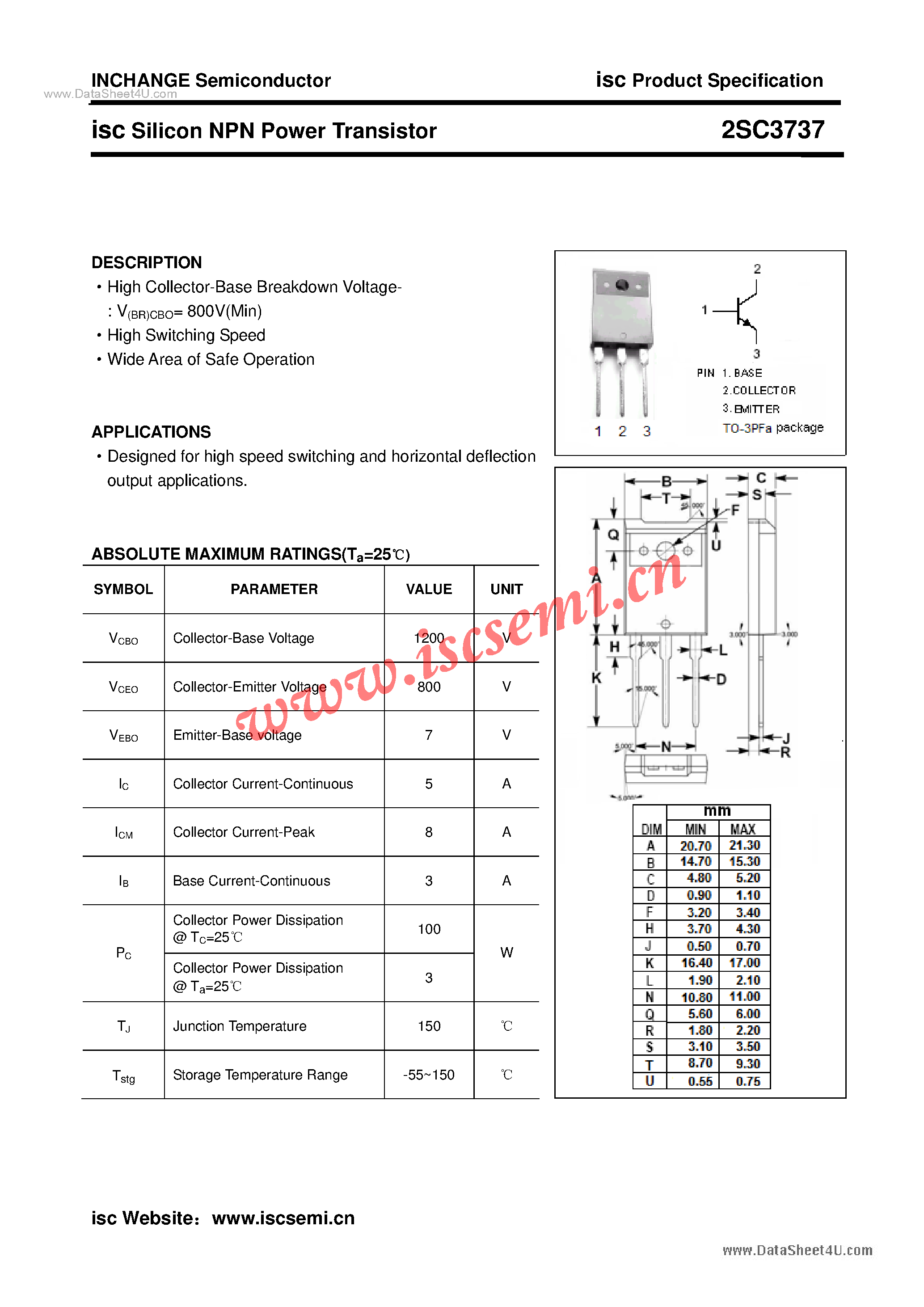 Datasheet 2SC3737 page 1 Datasheet 2SC3737 - Power Transistor page 1